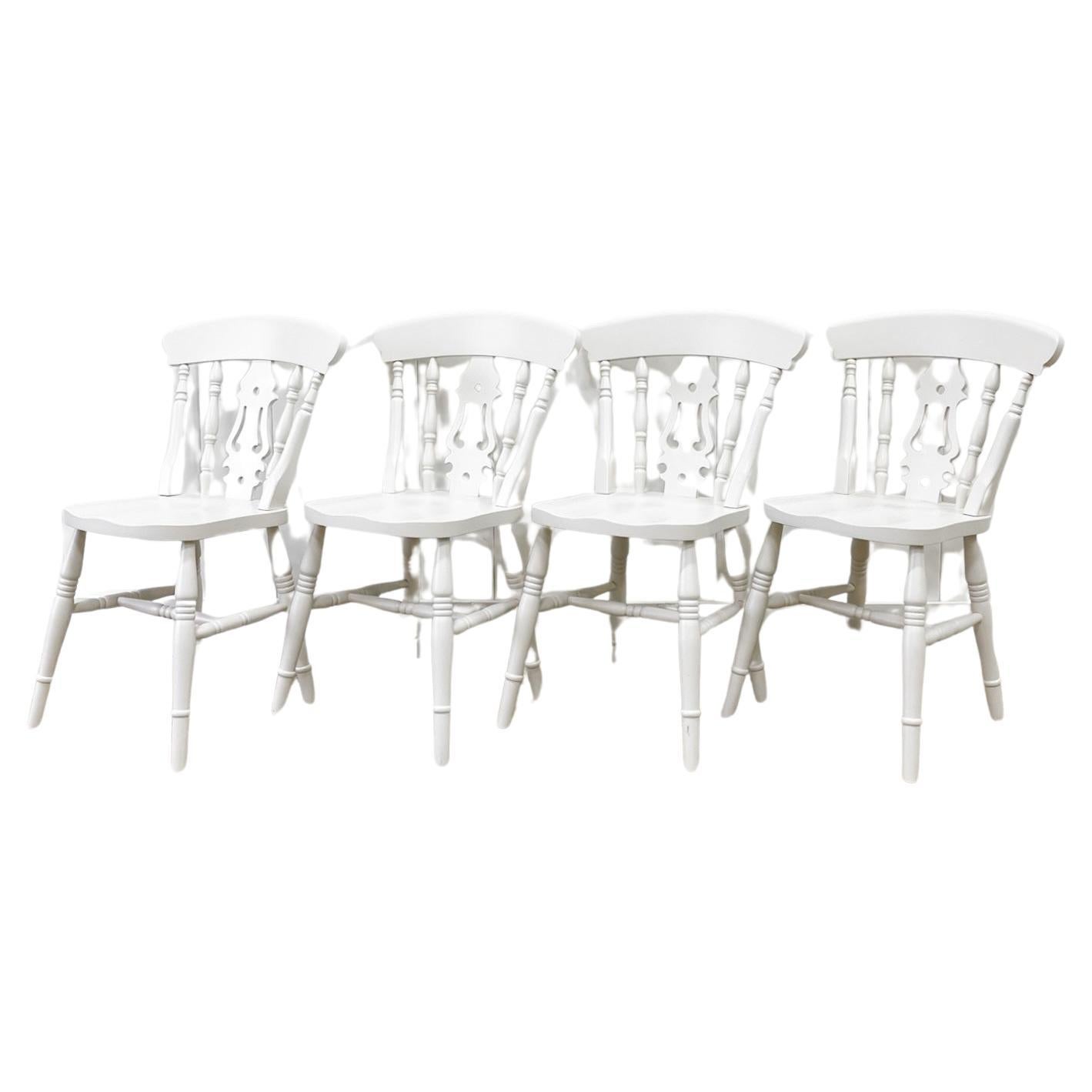 A Vintage Set of 4 White Fiddleback Back Chairs For Sale