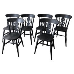 A Vintage Set of 6 Fiddleback Chairs Painted Black