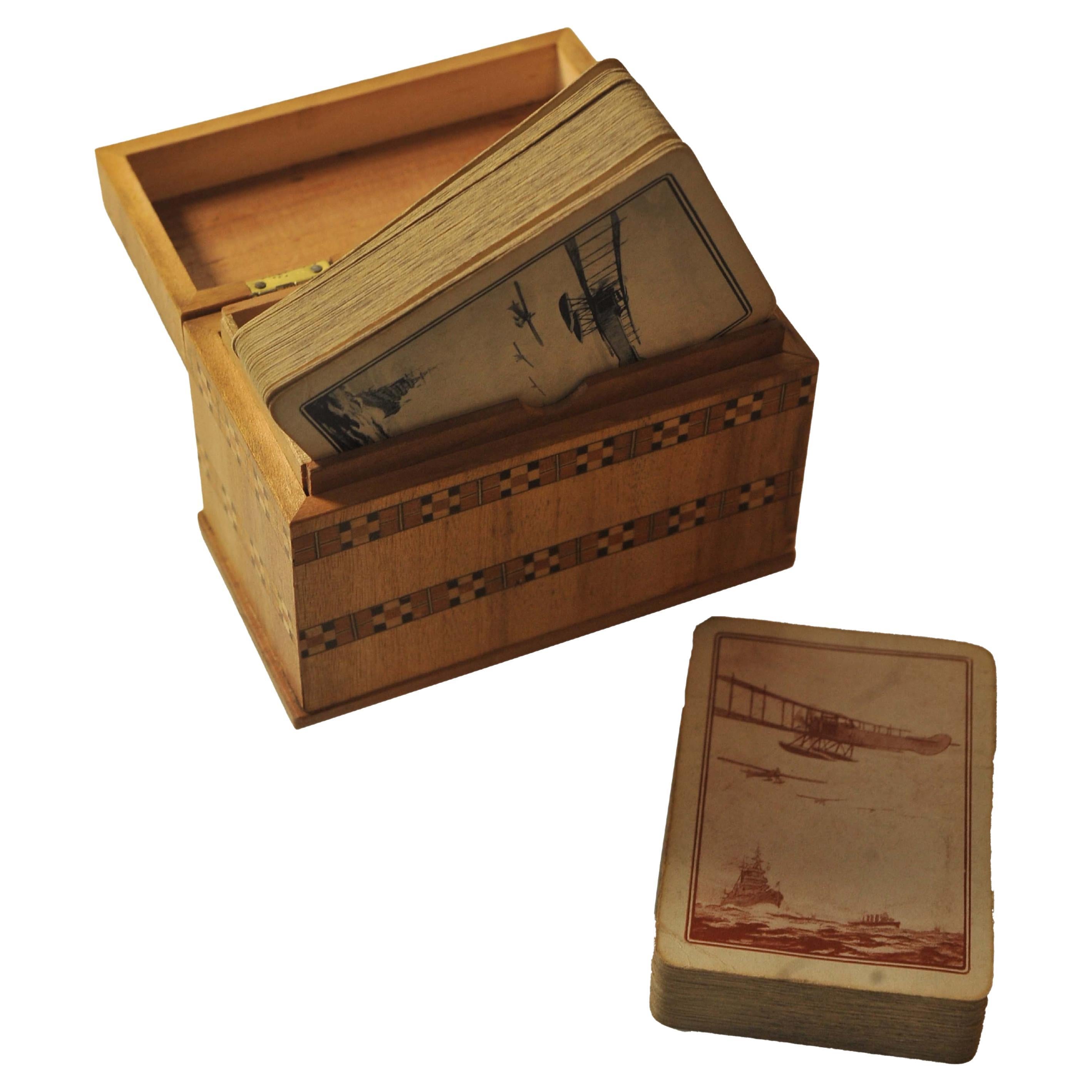 British A WW1 Set of Military Interest Playing Cards with Tunbridge Ware Card Box 