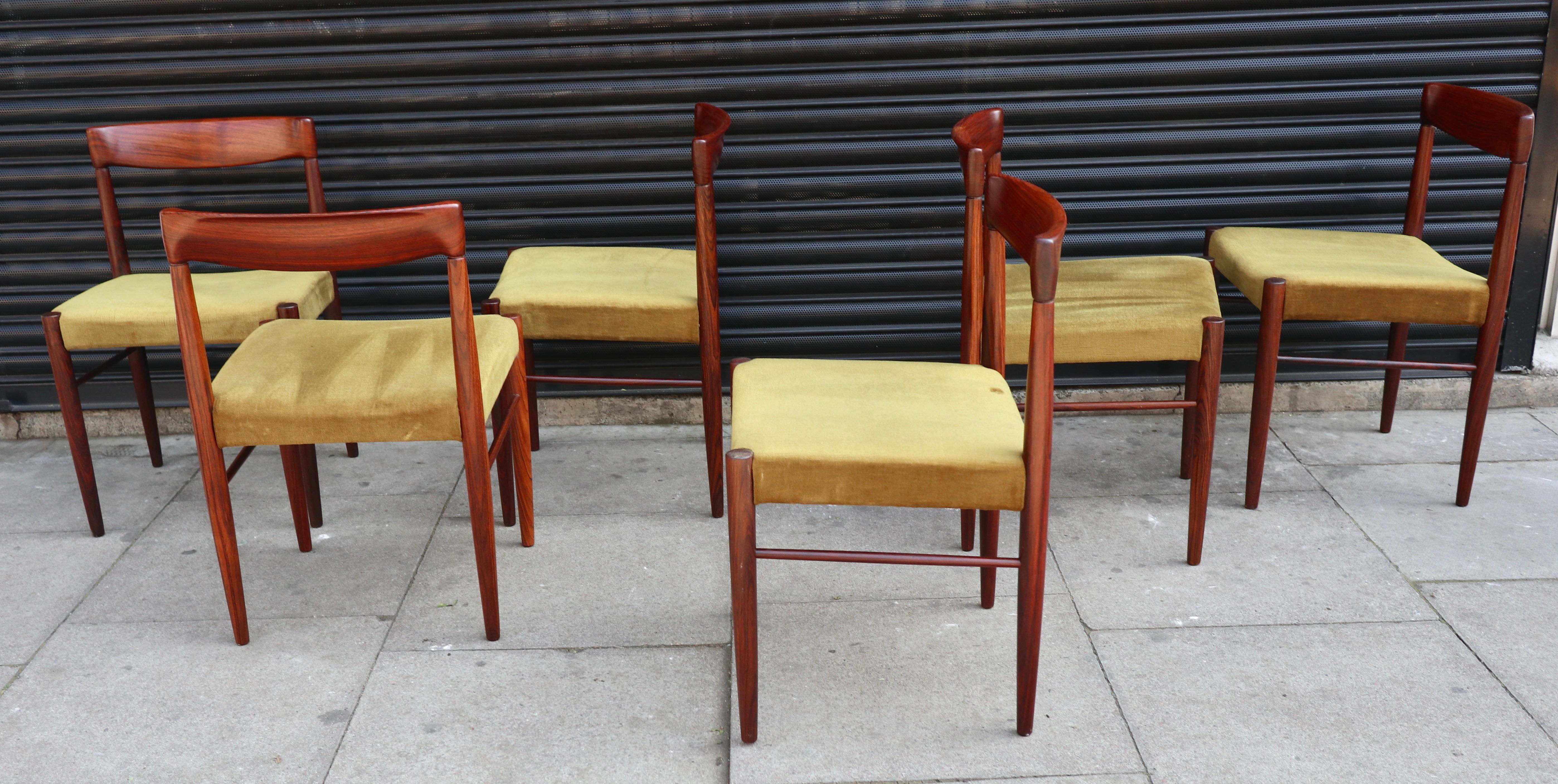 Danois Un ensemble vintage de six chaises de salle à manger danoises en bois de rose des années 1960 par H W Klein pour Bramin en vente