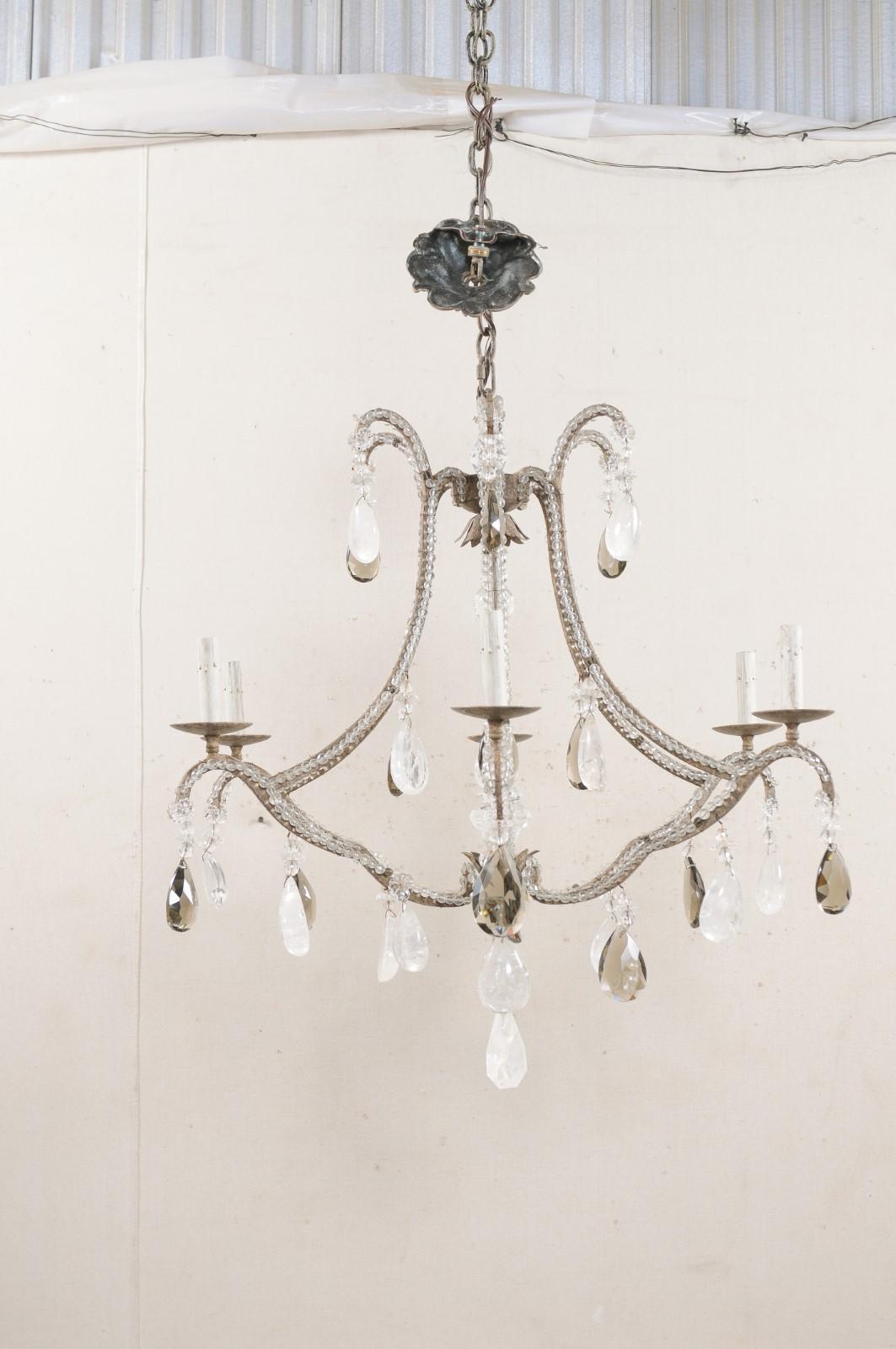 American Vintage Six-Light Chandelier W/Waterfall Top, Adorn in Smoky & Rock Crystals For Sale