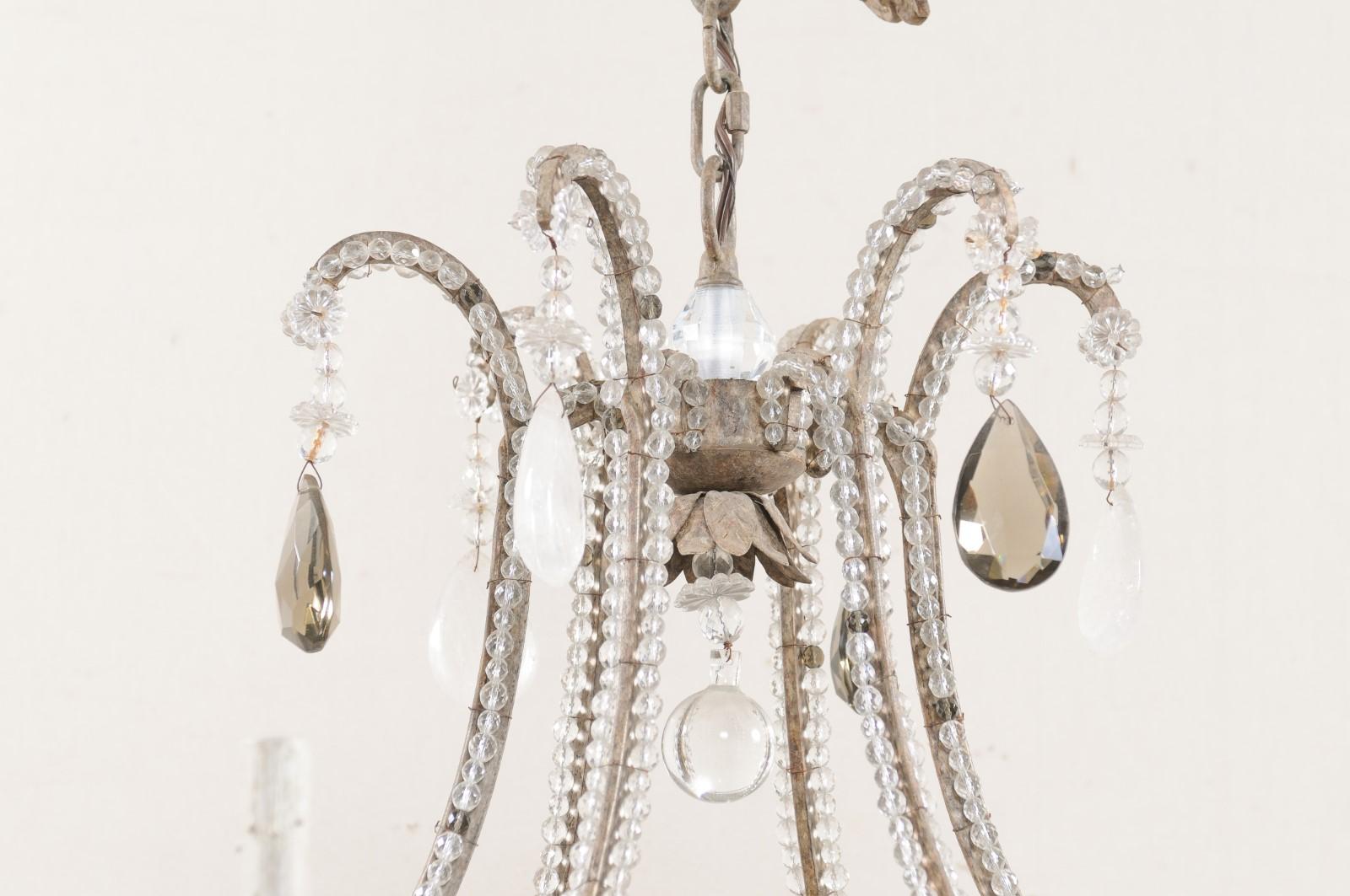 Vintage Six-Light Chandelier W/Waterfall Top, Adorn in Smoky & Rock Crystals In Good Condition For Sale In Atlanta, GA