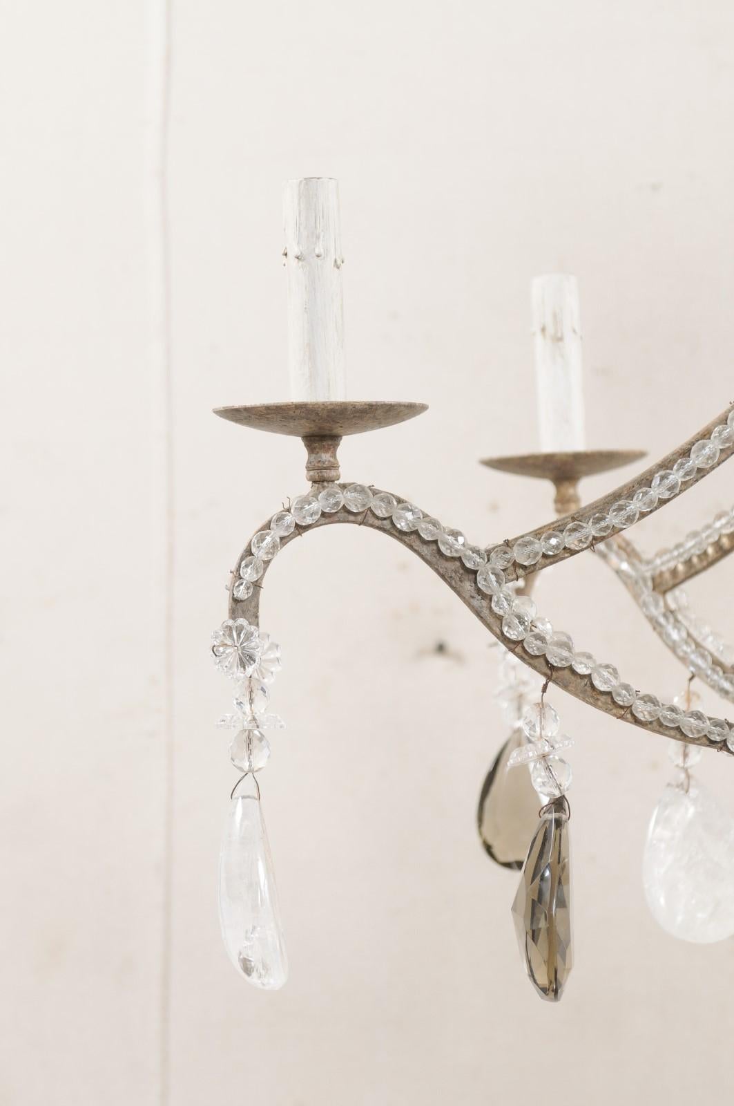 20th Century Vintage Six-Light Chandelier W/Waterfall Top, Adorn in Smoky & Rock Crystals For Sale