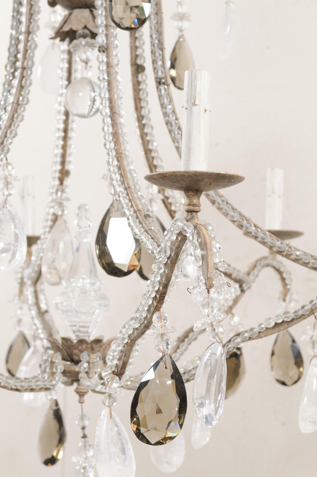 Vintage Six-Light Chandelier W/Waterfall Top, Adorn in Smoky & Rock Crystals For Sale 4