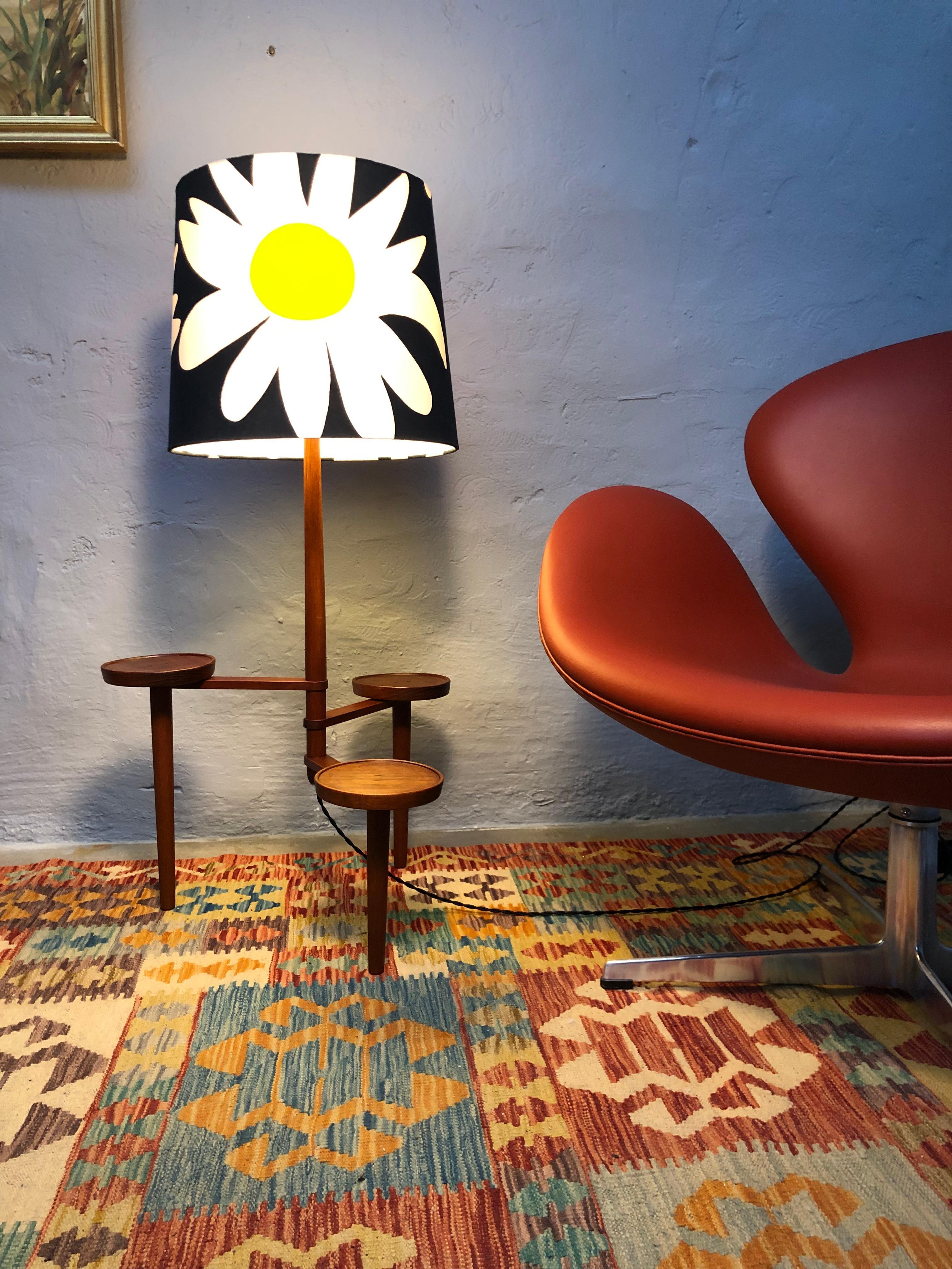Danish Vintage Teak Floor Lamp with Maija Isola Lamp Shade For Sale