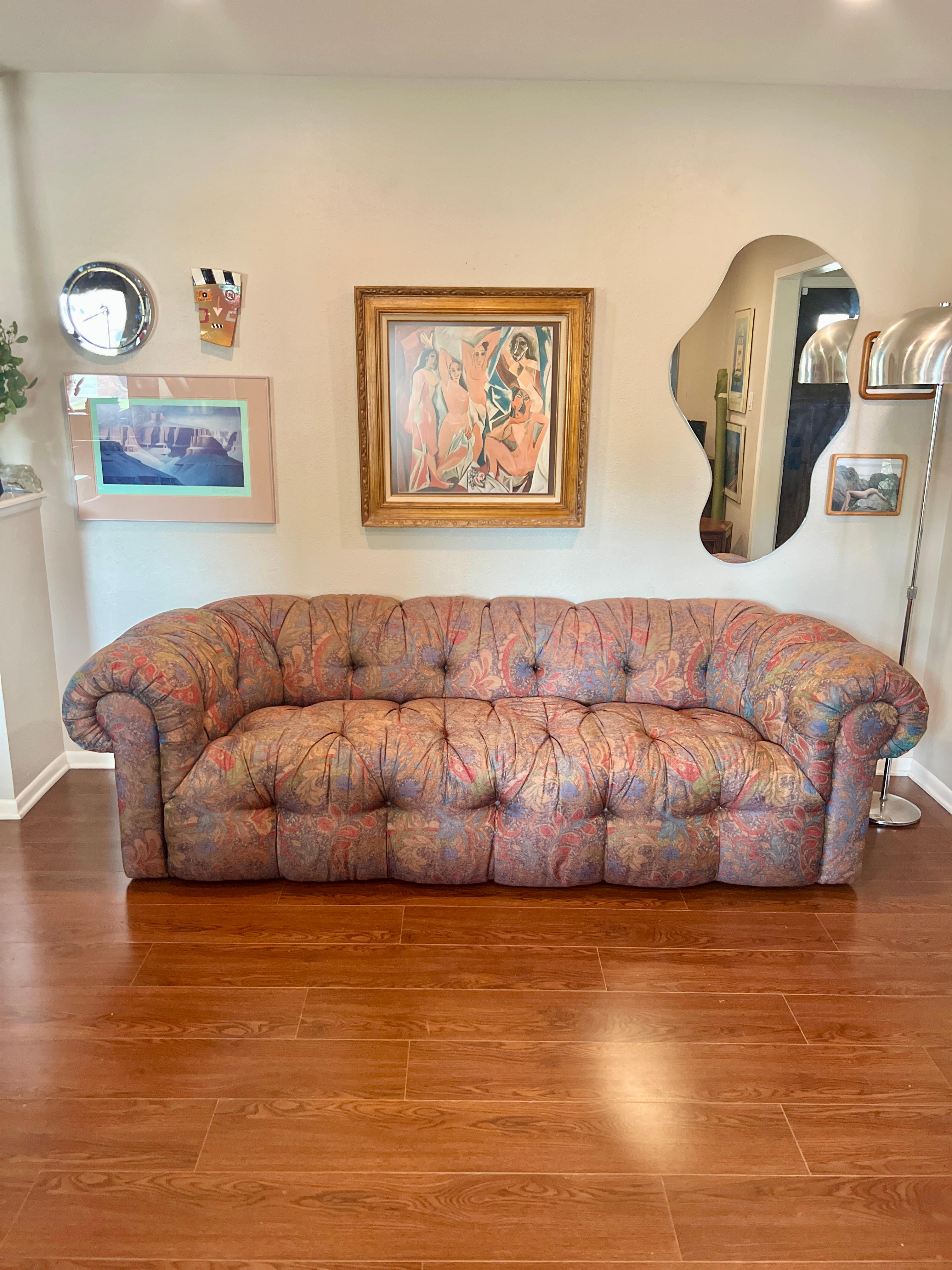 Vintage Tufted Chesterfield Drexel Sofa with Jewel Tone Paisley Upholstery 1