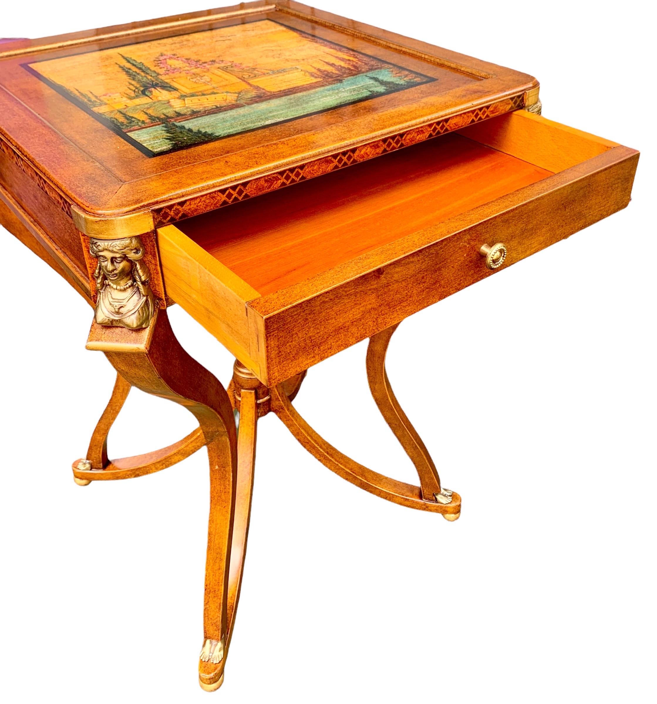 Vintage Unusual Pair of Hand Painted Scenes, Italian Side Tables with Ormolu For Sale 4
