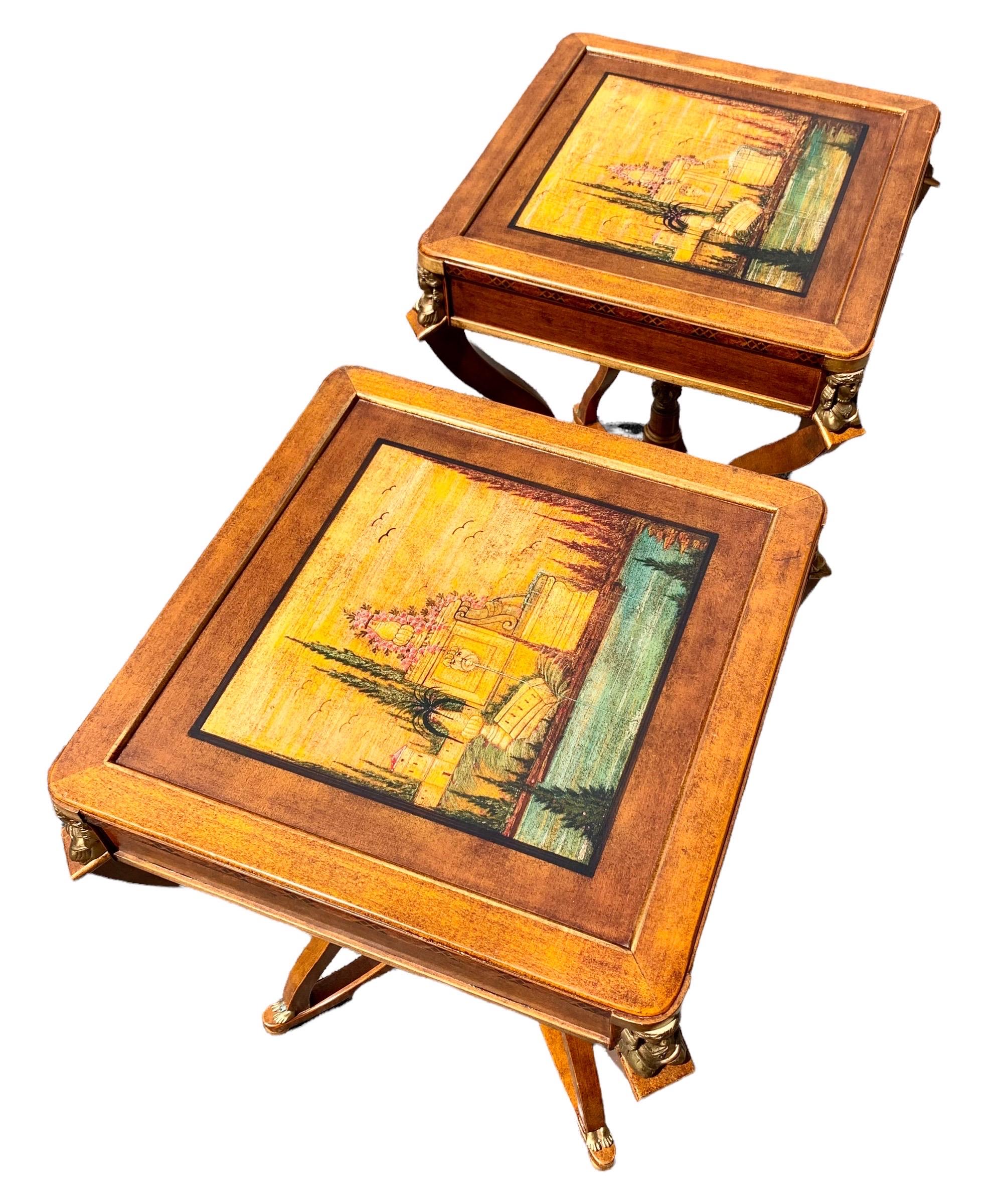 Mid-Century Modern Vintage Unusual Pair of Hand Painted Scenes, Italian Side Tables with Ormolu For Sale