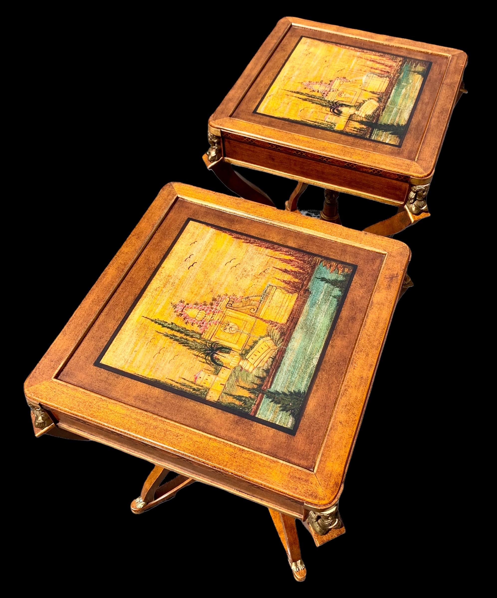 Hand-Painted Vintage Unusual Pair of Hand Painted Scenes, Italian Side Tables with Ormolu For Sale