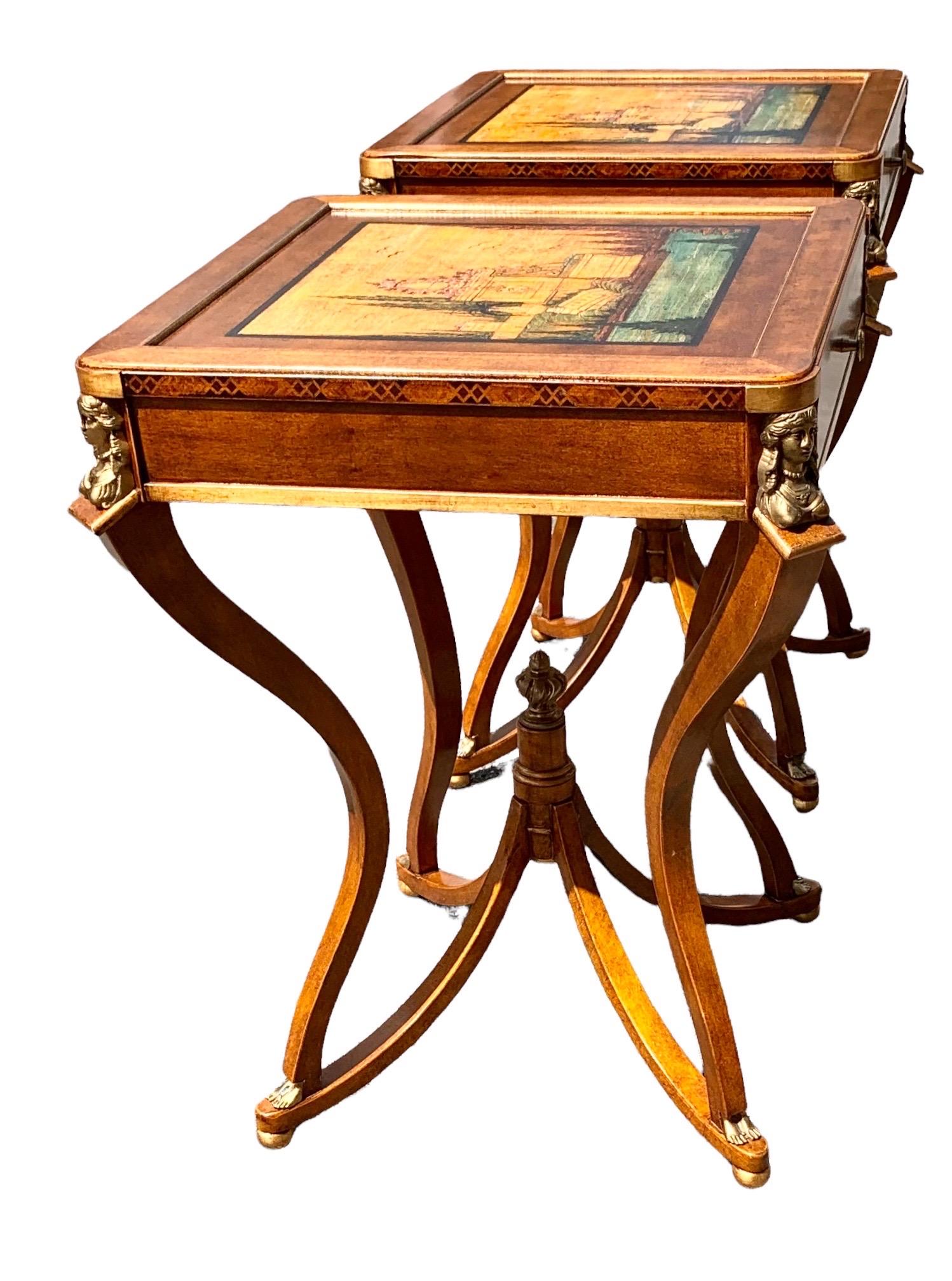 Vintage Unusual Pair of Hand Painted Scenes, Italian Side Tables with Ormolu In Good Condition For Sale In New Orleans, LA