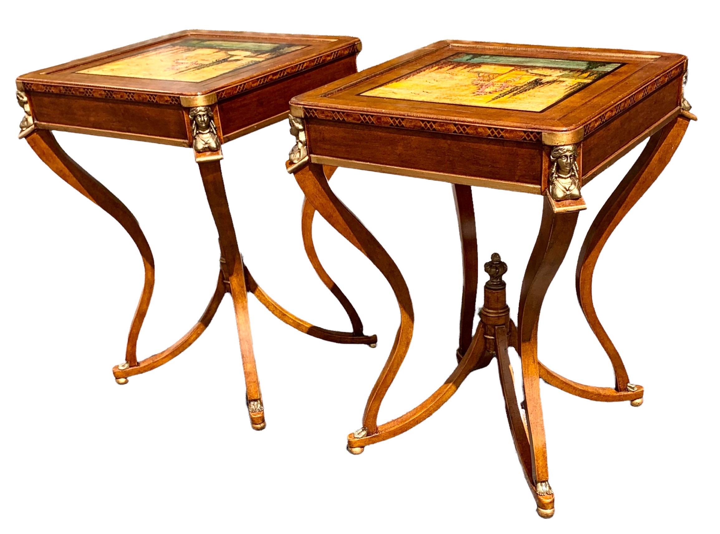 Mid-20th Century Vintage Unusual Pair of Hand Painted Scenes, Italian Side Tables with Ormolu For Sale
