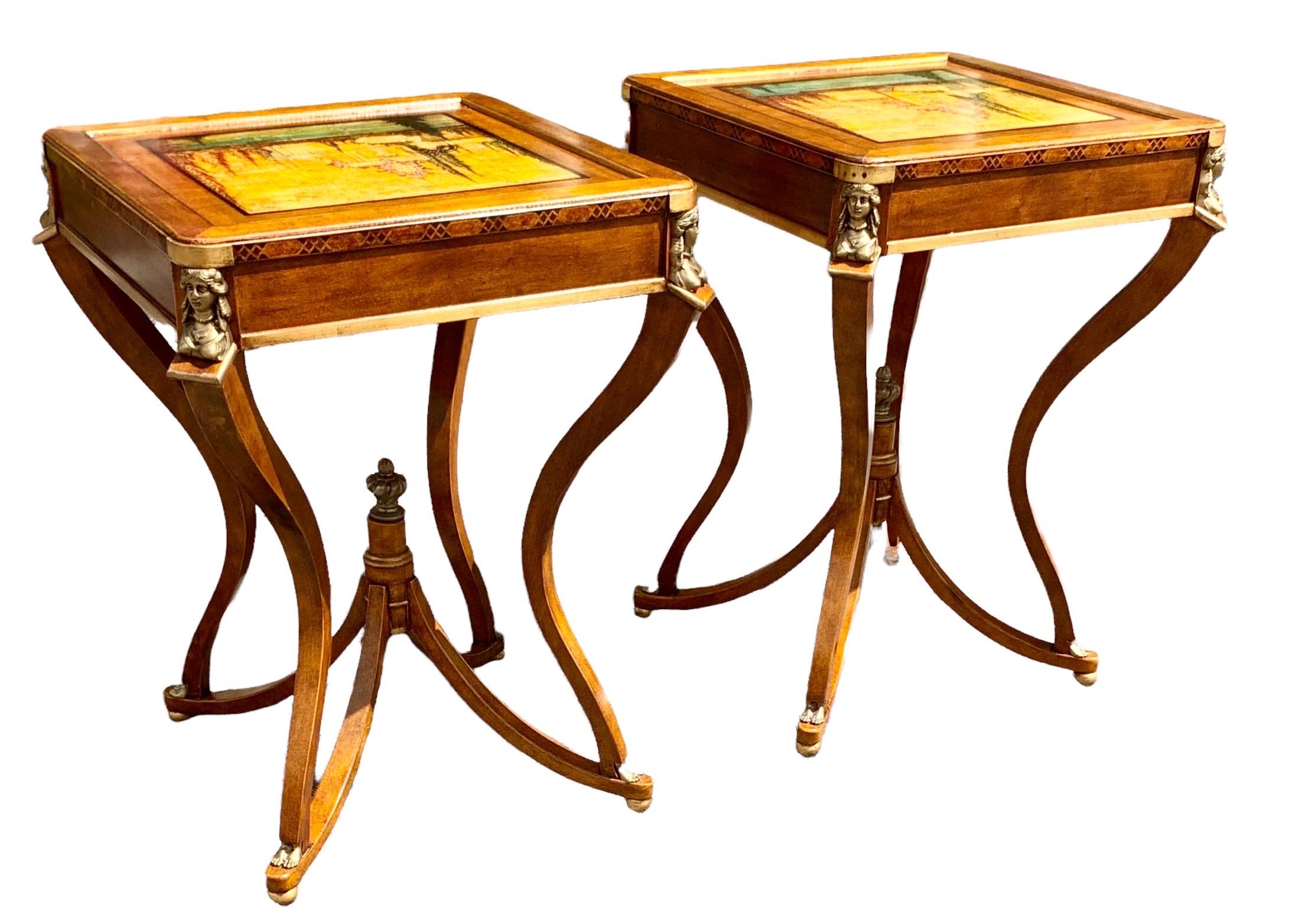 Vintage Unusual Pair of Hand Painted Scenes, Italian Side Tables with Ormolu For Sale 1