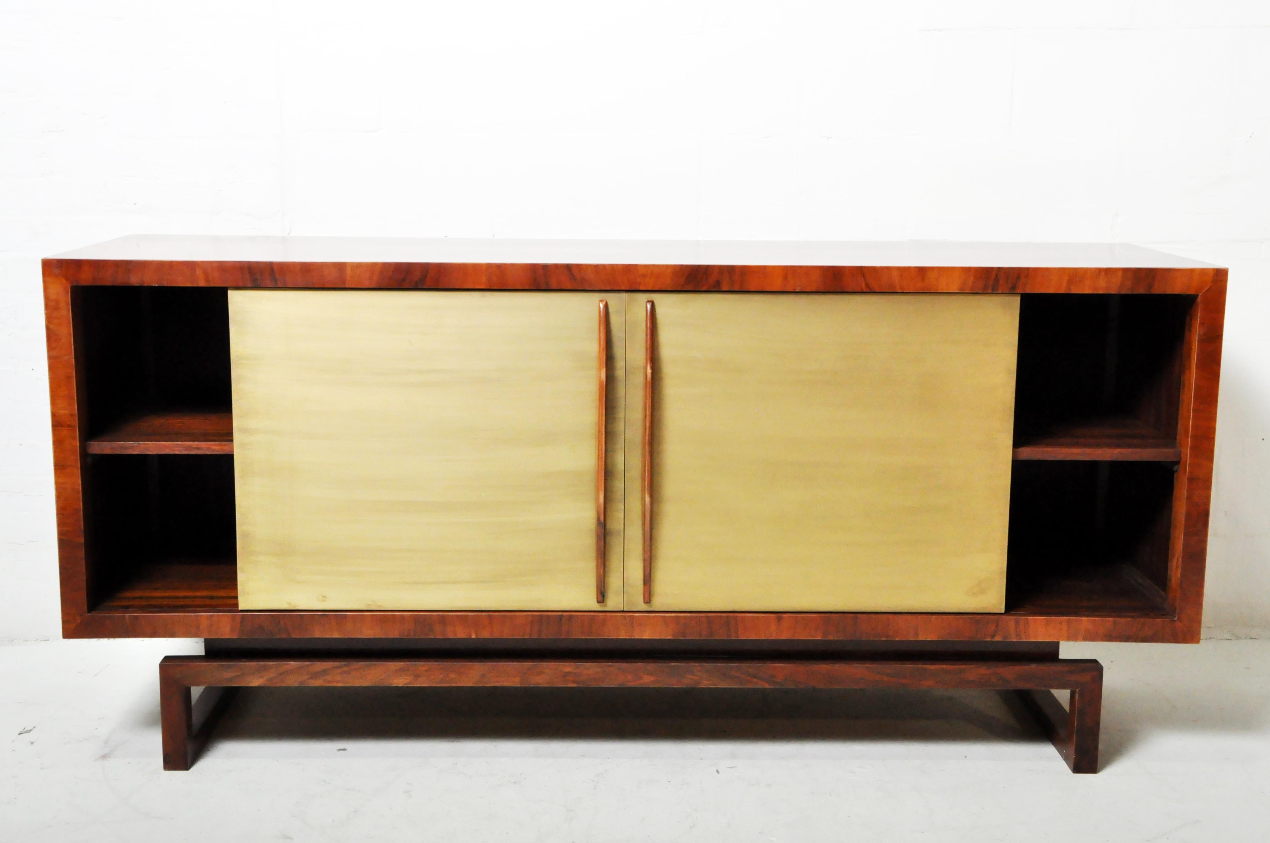 Hungarian Vintage Walnut Sideboard with Two Brass Doors and Three Drawers