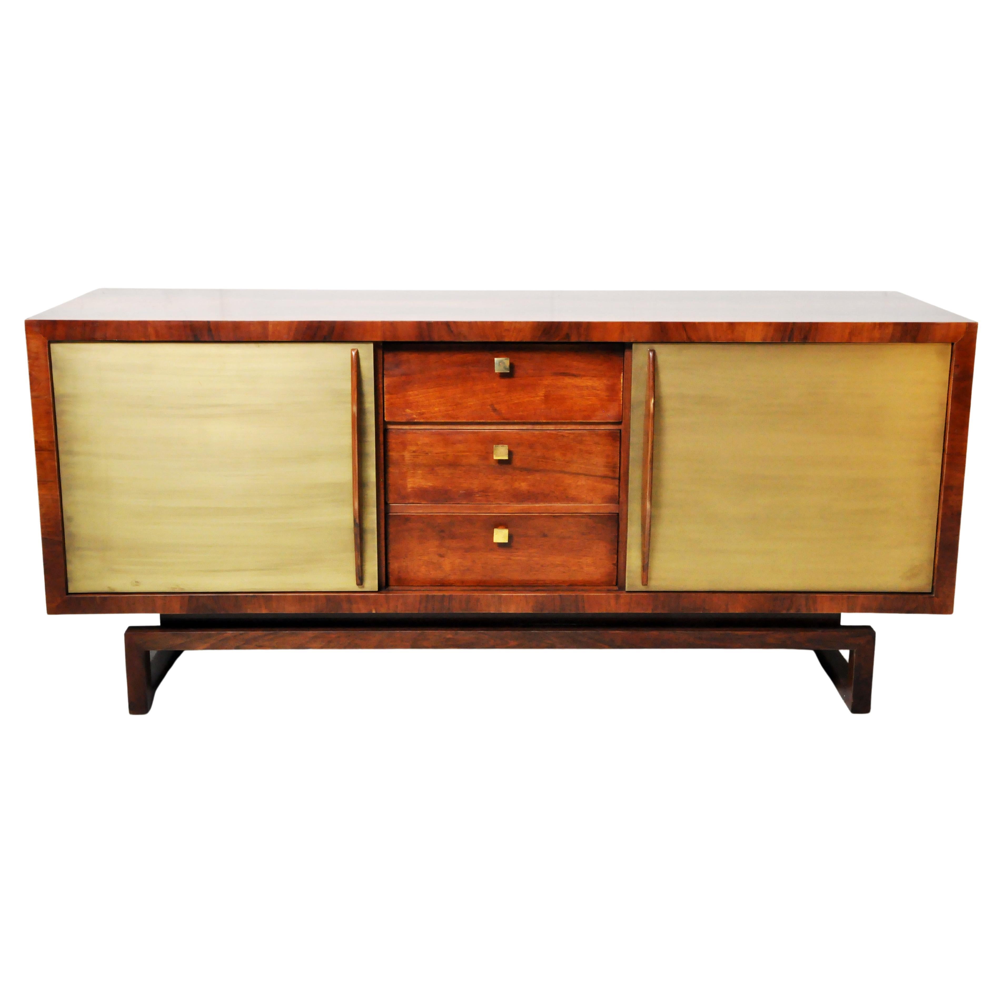 Vintage Walnut Sideboard with Two Brass Doors and Three Drawers