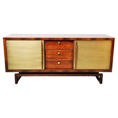 Vintage Walnut Sideboard with Two Brass Doors and Three Drawers