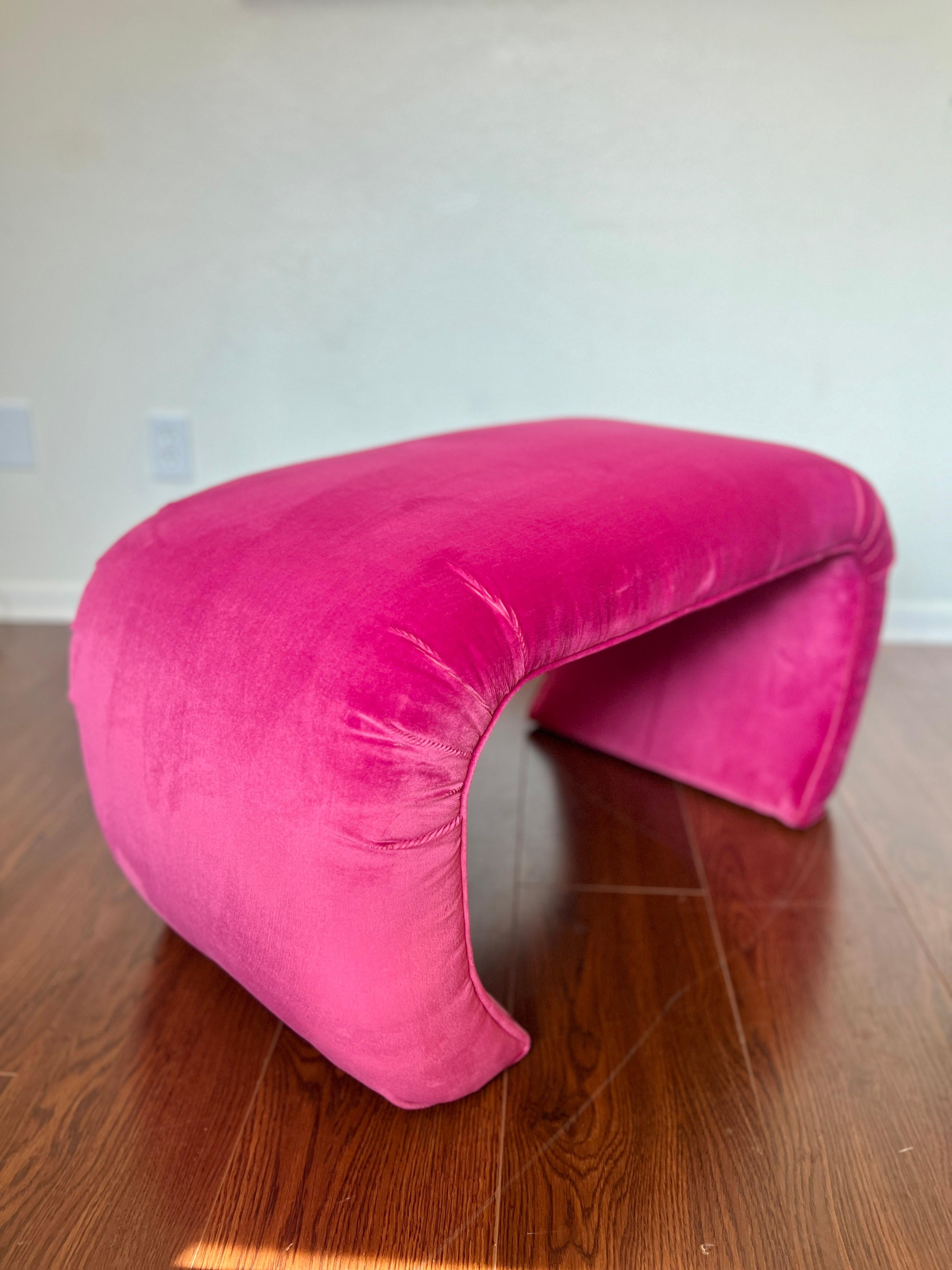 A vintage waterfall ottoman reupholstered in a hot pink performance velvet. In very good condition. 