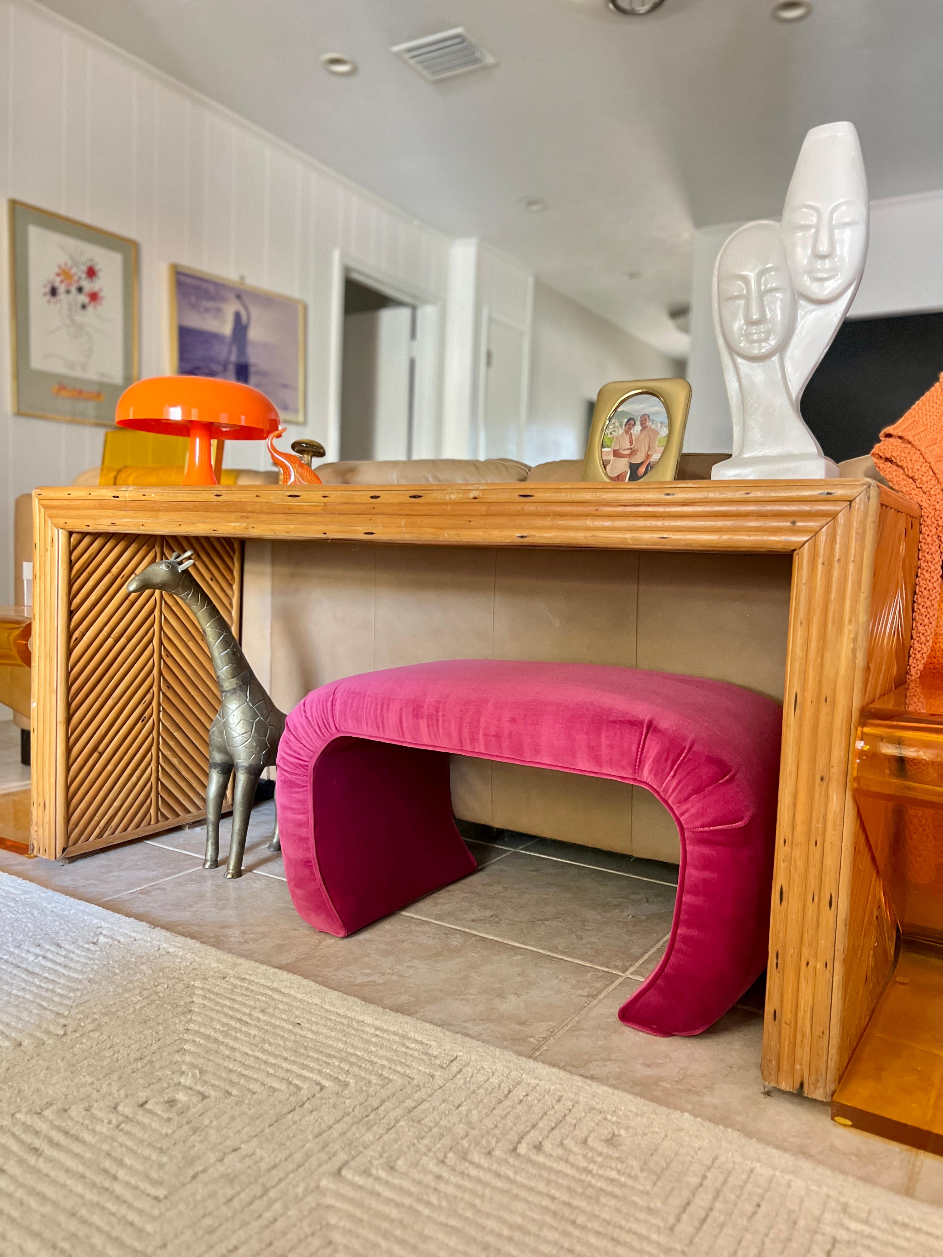 Mid-Century Modern A vintage waterfall ottoman reupholstered in a hot pink performance velvet