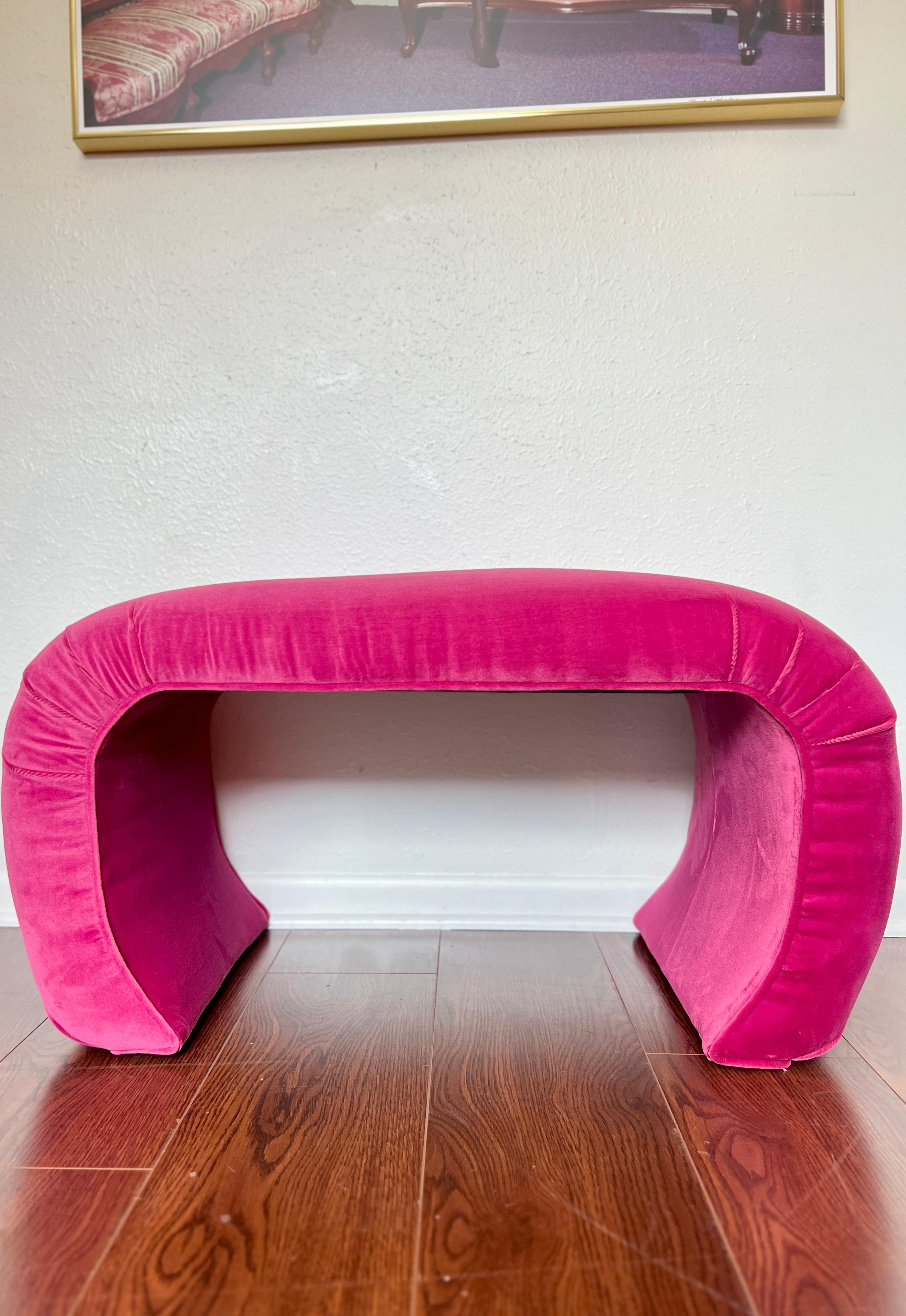 A vintage waterfall ottoman reupholstered in a hot pink performance velvet In Good Condition In Houston, TX