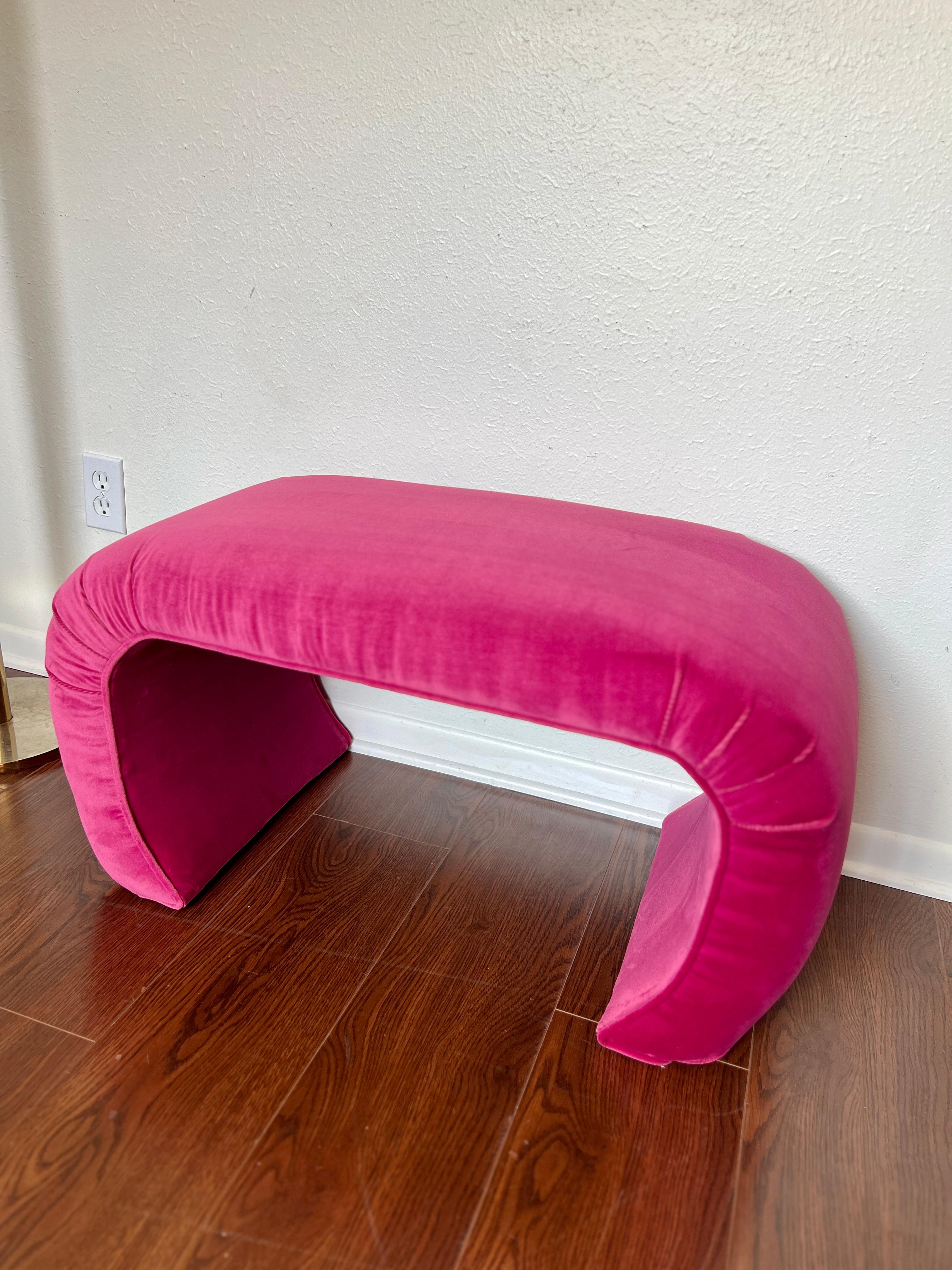 Late 20th Century A vintage waterfall ottoman reupholstered in a hot pink performance velvet