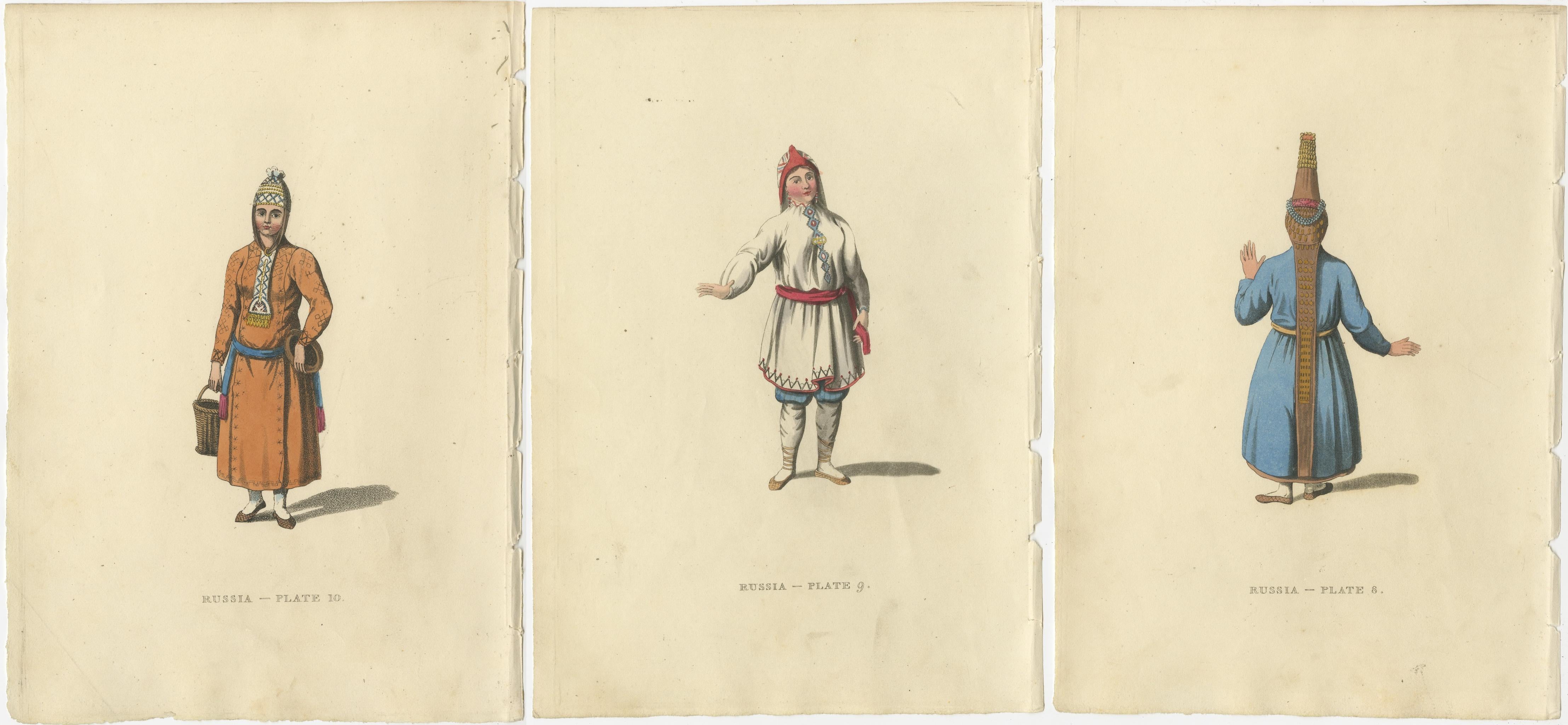 Paper A Visual Journey through 19th-Century Russian Ethnic Attire, Engraved in 1814 For Sale