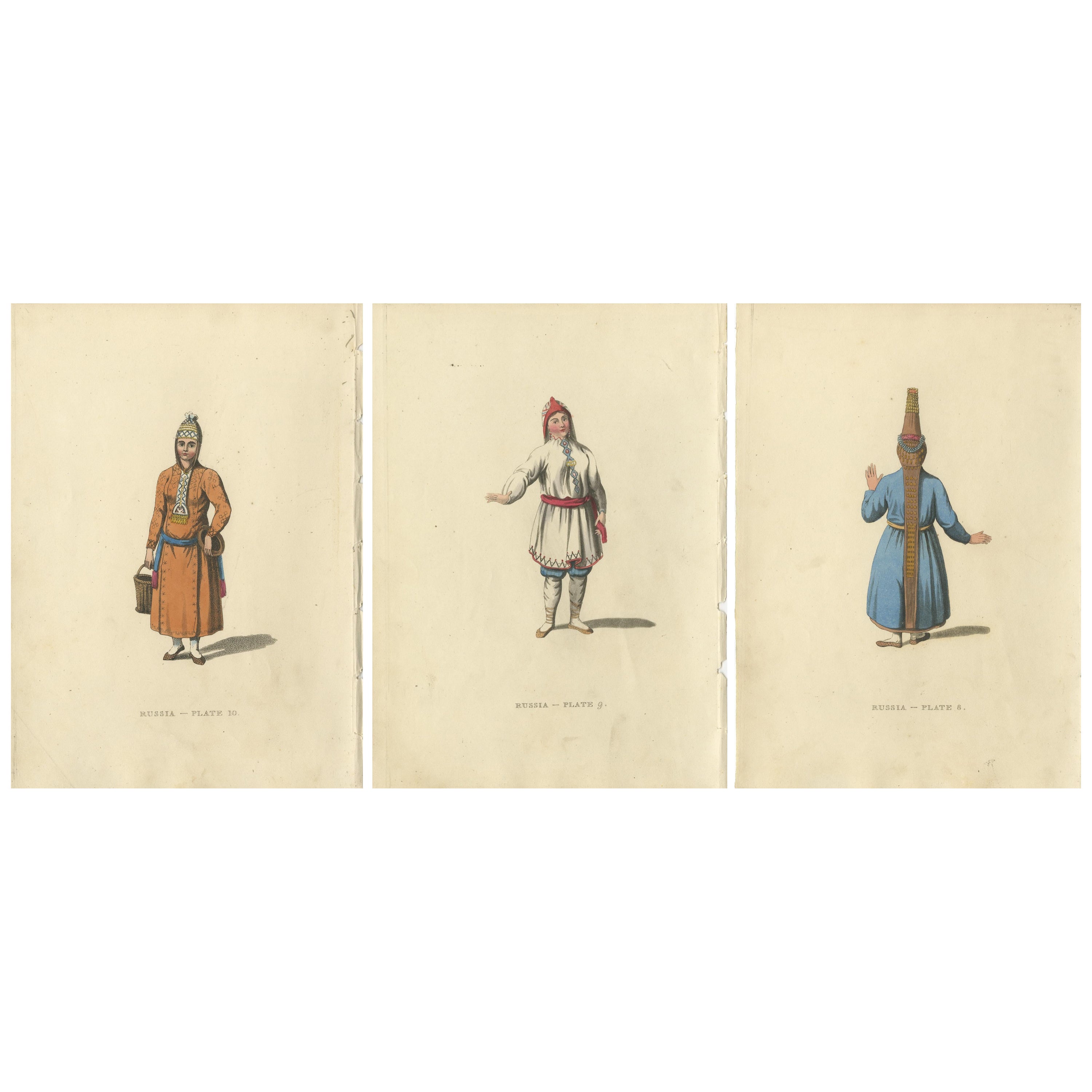Eine visuelle Reise durch russisches ethnisches Anzug des 19. Jahrhunderts, eingraviert 1814 im Angebot