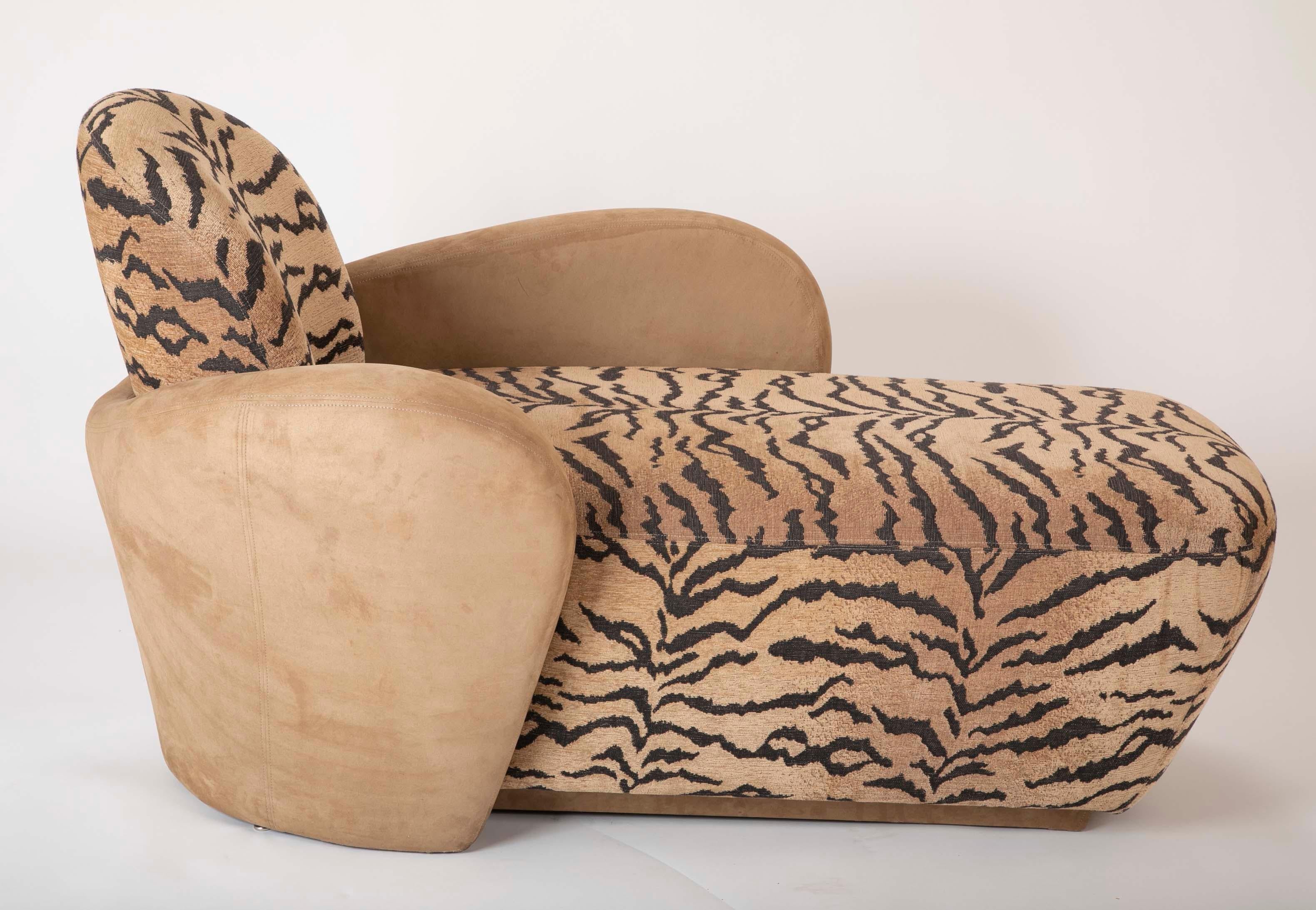Midcentury Sofa/Chaise in Suede Leather and Tiger Fabric For Sale 9
