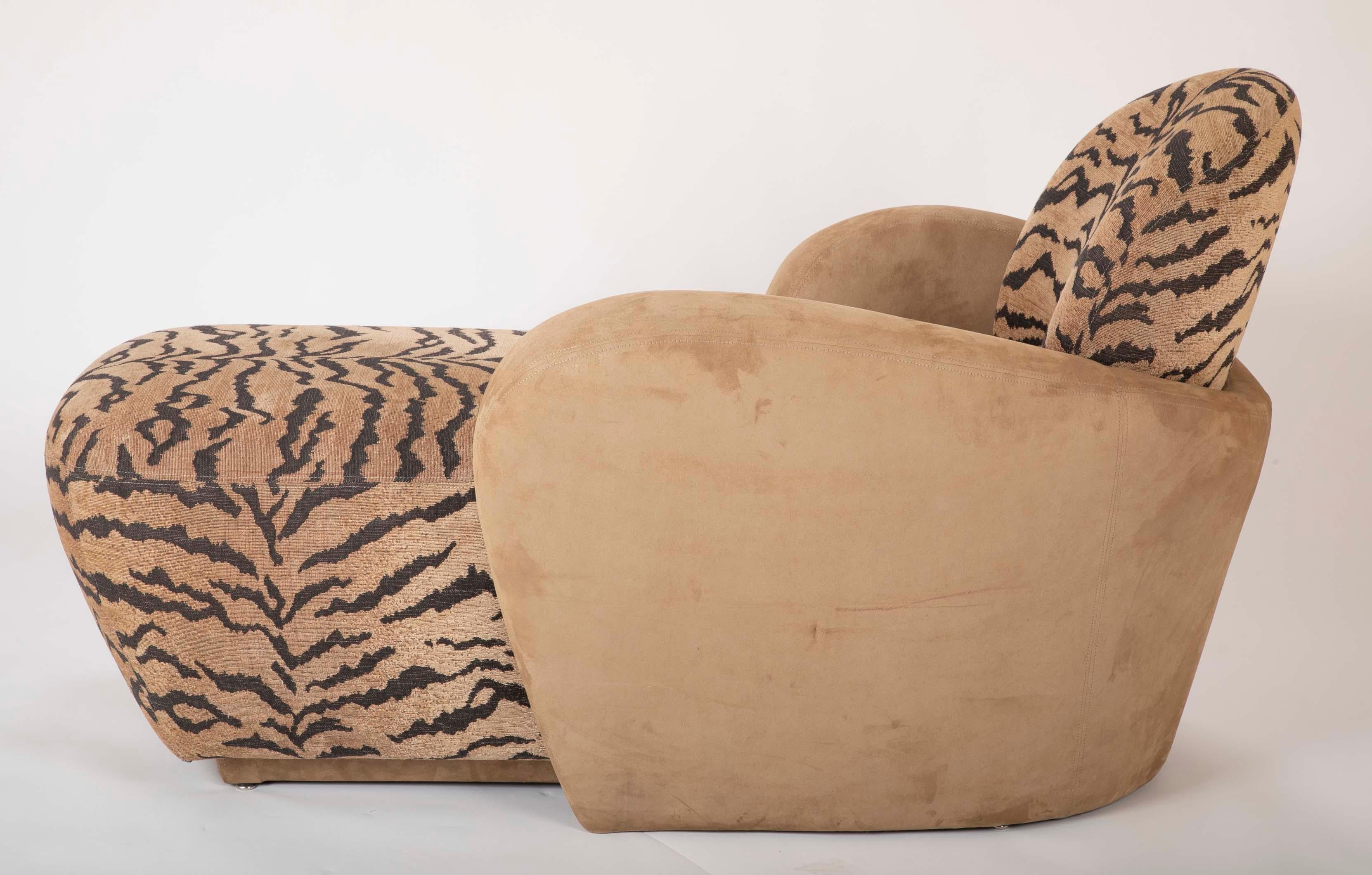 20th Century Midcentury Sofa/Chaise in Suede Leather and Tiger Fabric For Sale