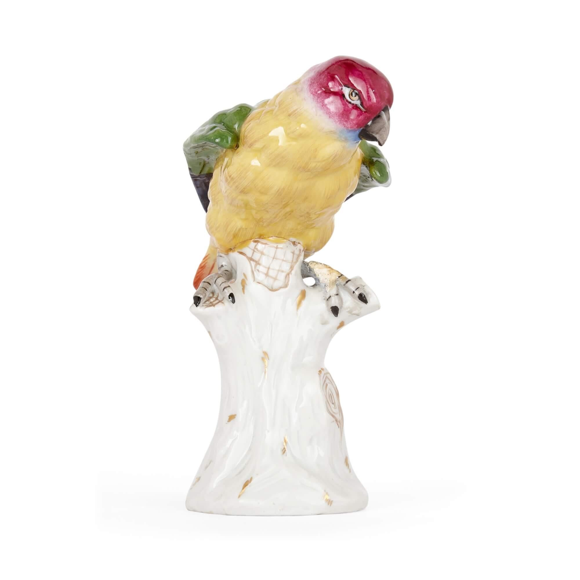 A Volkstedt porcelain model of a parrot
German, early 20th century
Measures: height 14cm, width 13cm, depth 6cm

This bold, bright, and beautiful porcelain bird model of a parrot was made by the German makers Volkstedt, or Aelteste Volkstedter