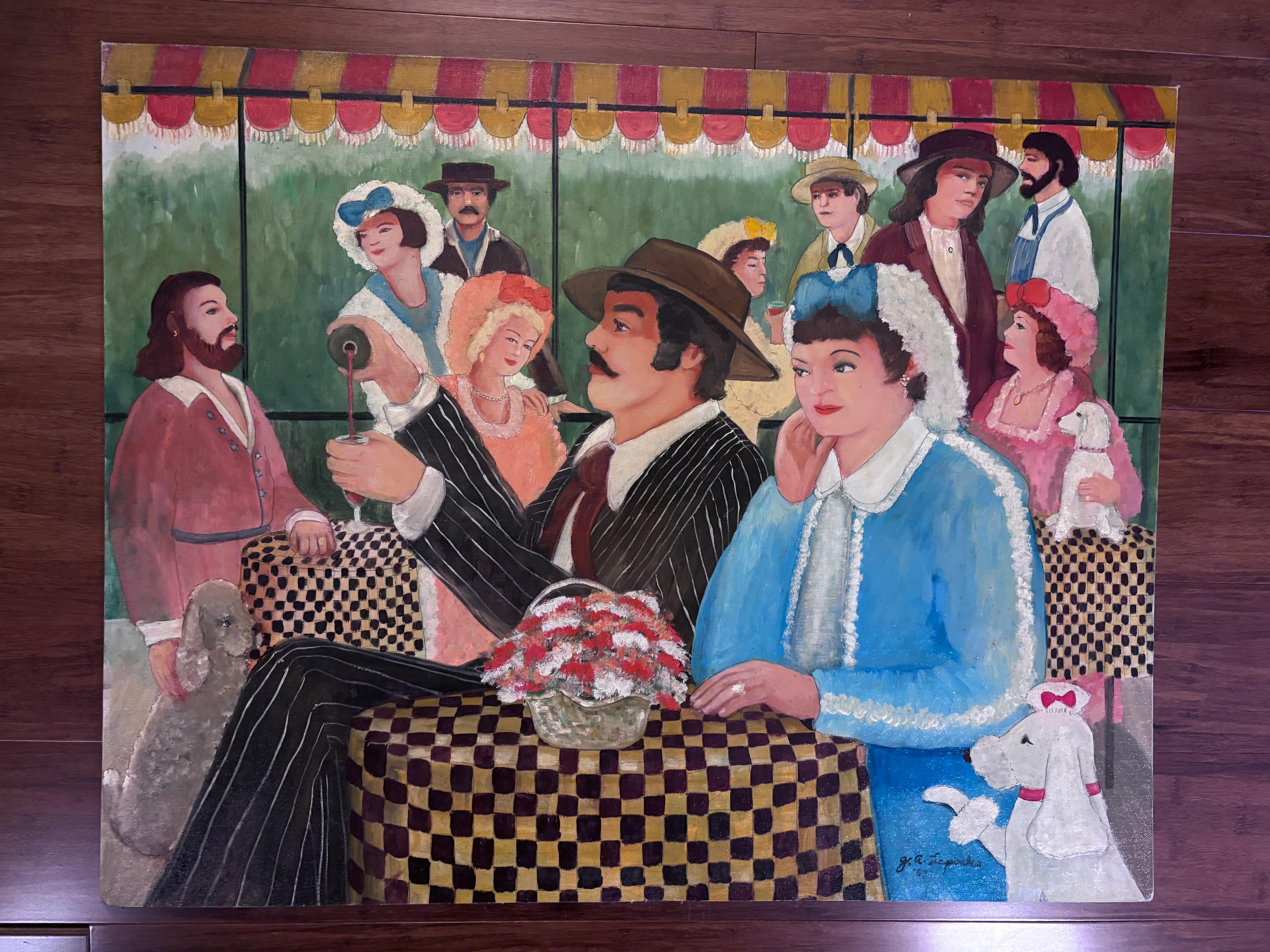 Una reunión de Votre Sante Cafe con perros de compañía   - Pintura a mano de colores vibrantes

En   pintura al óleo sobre  panel de lienzo de la artista popular autodidacta y surrealista Gloria Antoinette Laposka (1922-2015)

Dijo Laposka: 