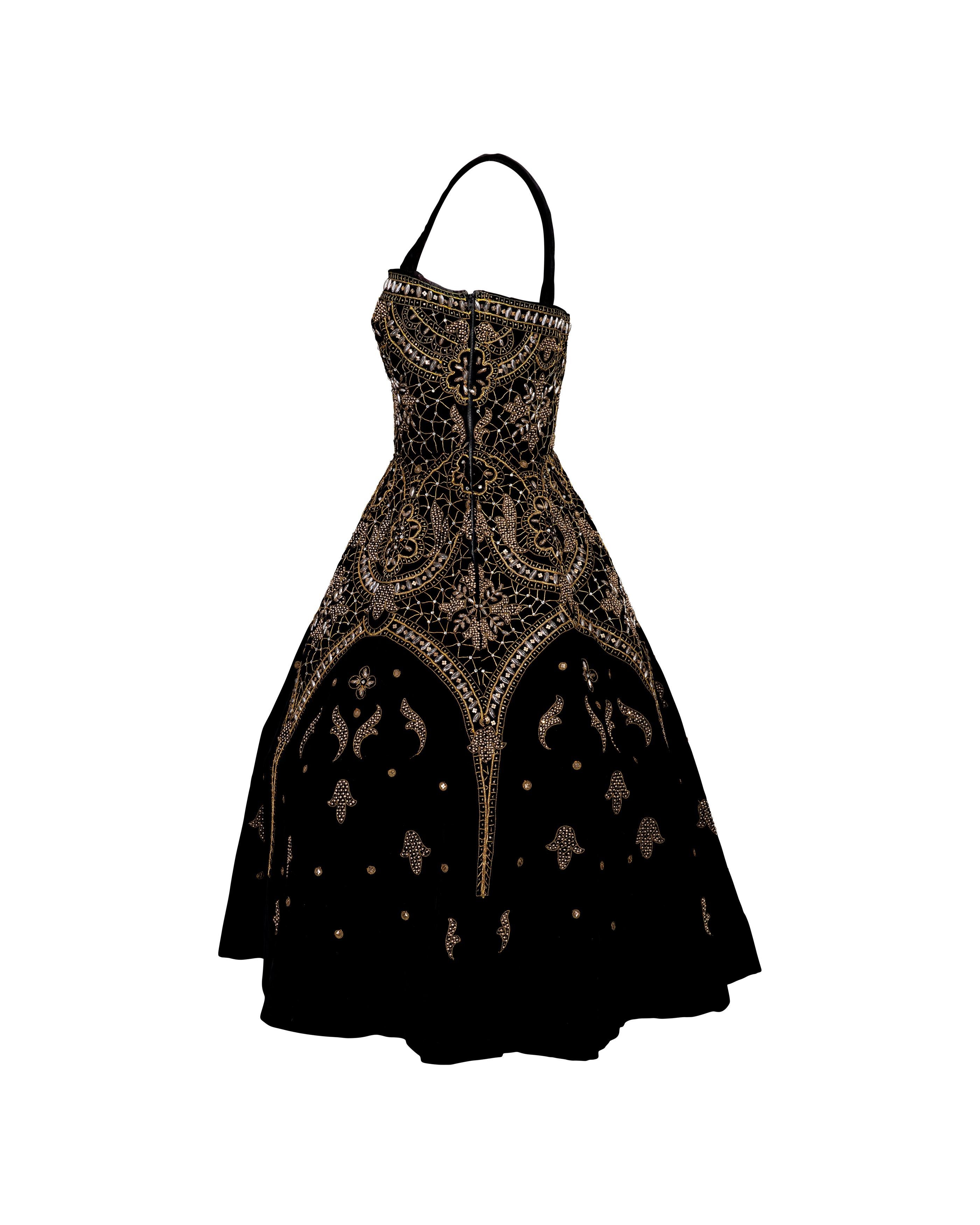 Women's A/W 1956 Jeanne Lanvin Haute Couture Black and Gold Embroidered Velvet Dress For Sale