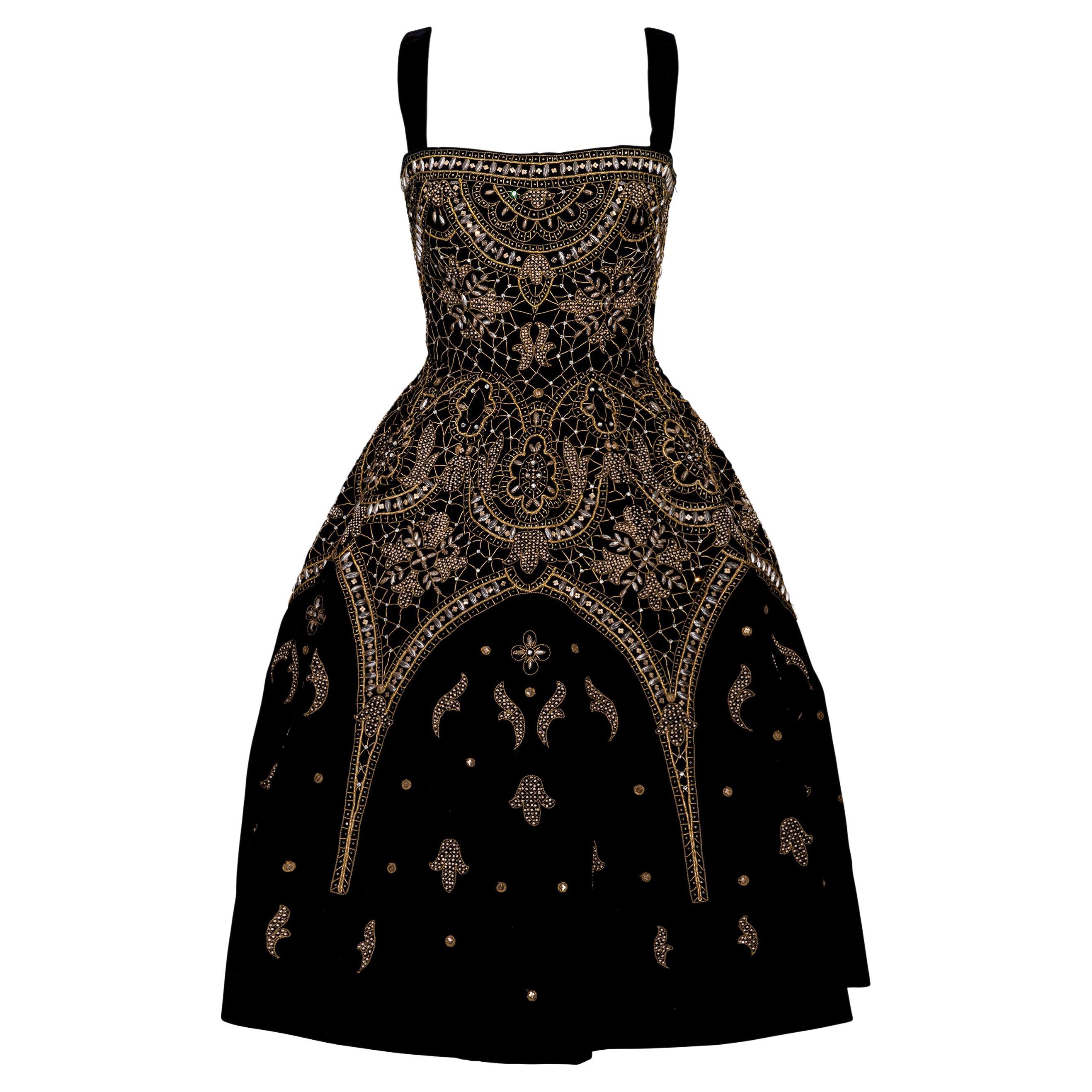 A/W 1956 Jeanne Lanvin Haute Couture Black and Gold Embroidered Velvet Dress For Sale