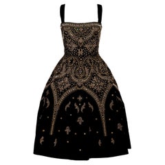 Used A/W 1956 Jeanne Lanvin Haute Couture Black and Gold Embroidered Velvet Dress