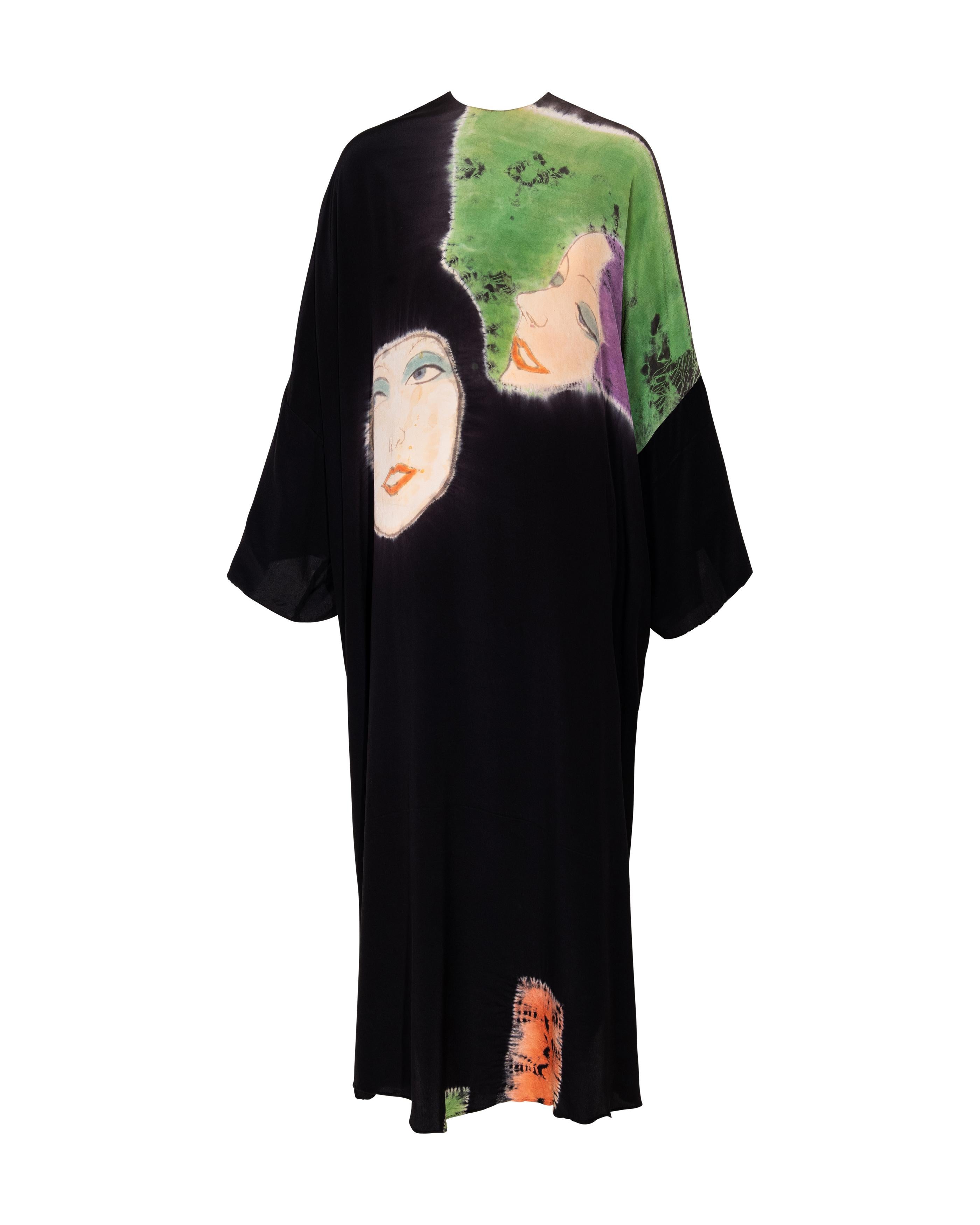 A/W 1972 Halston Schwarzer Seidenkrepp, handgefärbtes Gesichtskleid und signierter Druck im Angebot 5