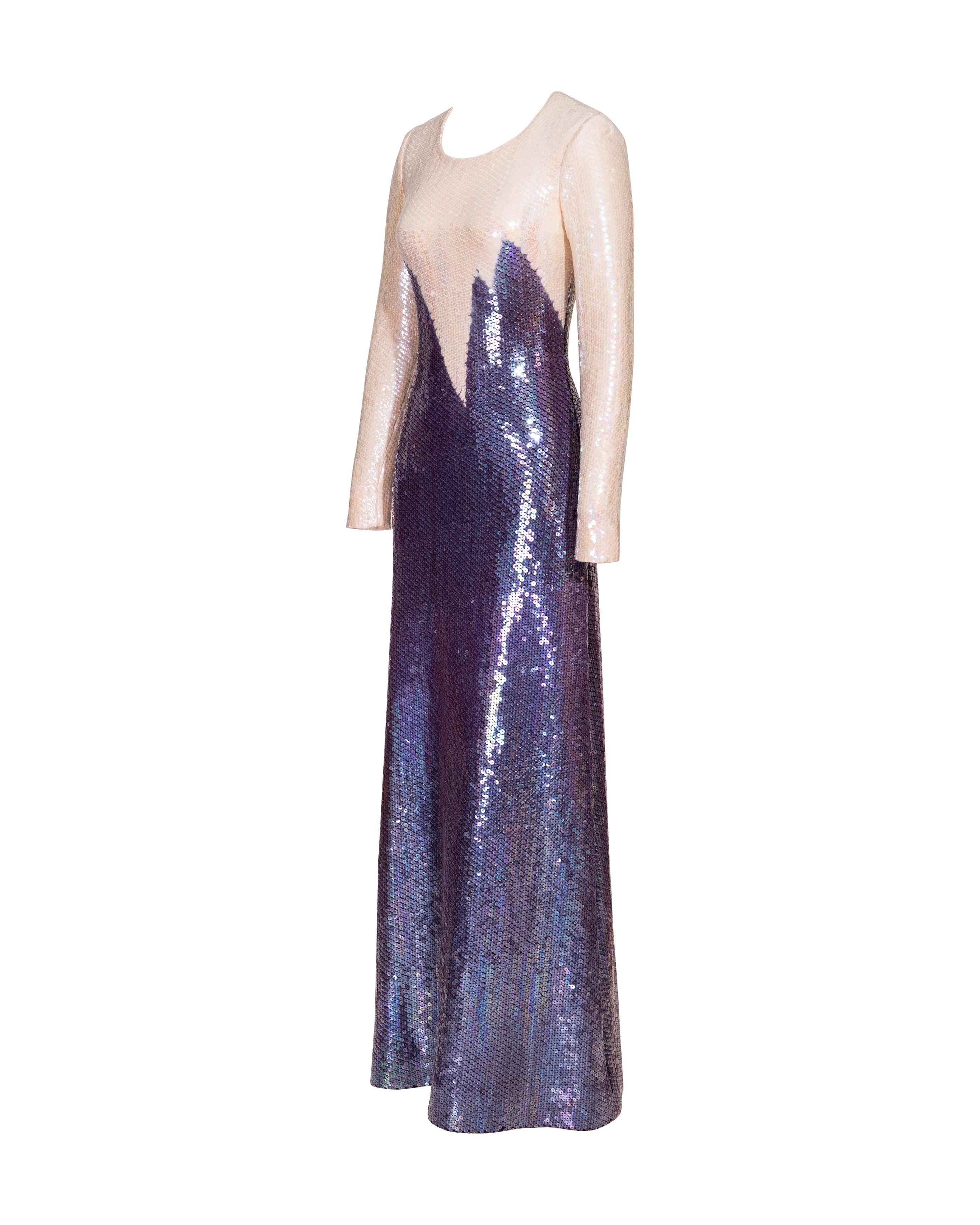 A/W 1973 Halston Oil Slick Geometric Point Long Sleeve Sequin Gradient Gown In Excellent Condition For Sale In North Hollywood, CA