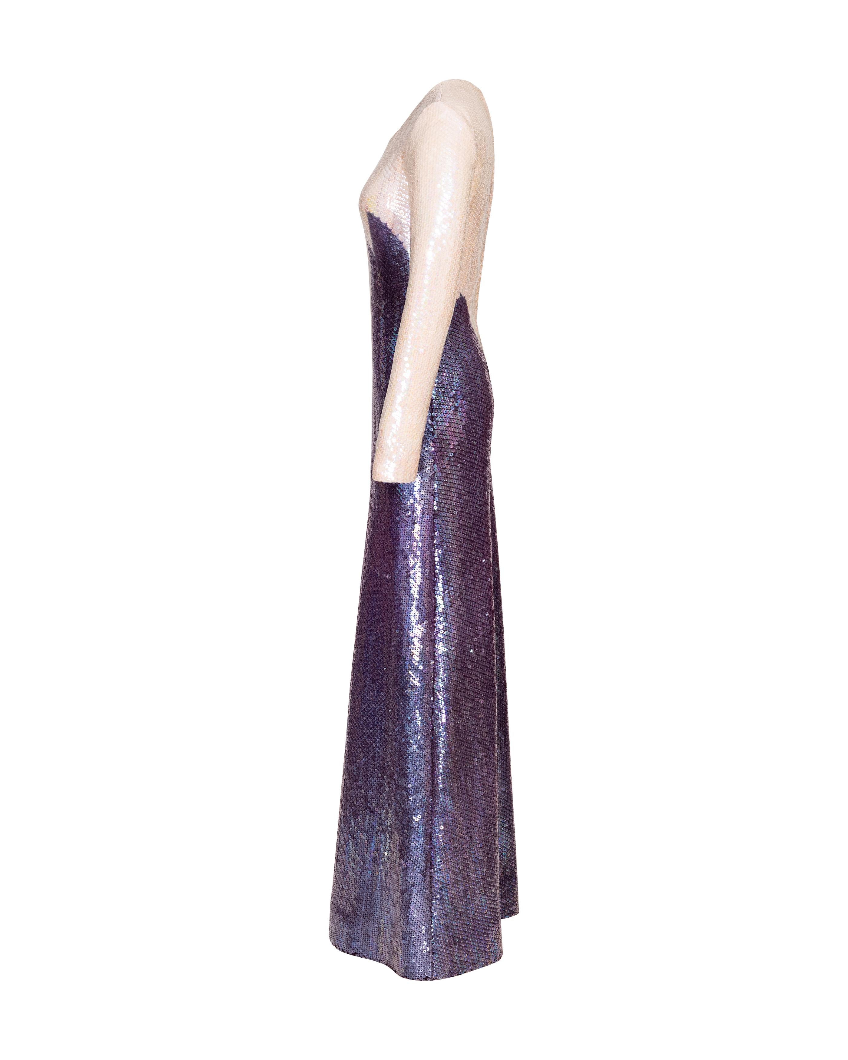 Women's A/W 1973 Halston Oil Slick Geometric Point Long Sleeve Sequin Gradient Gown For Sale