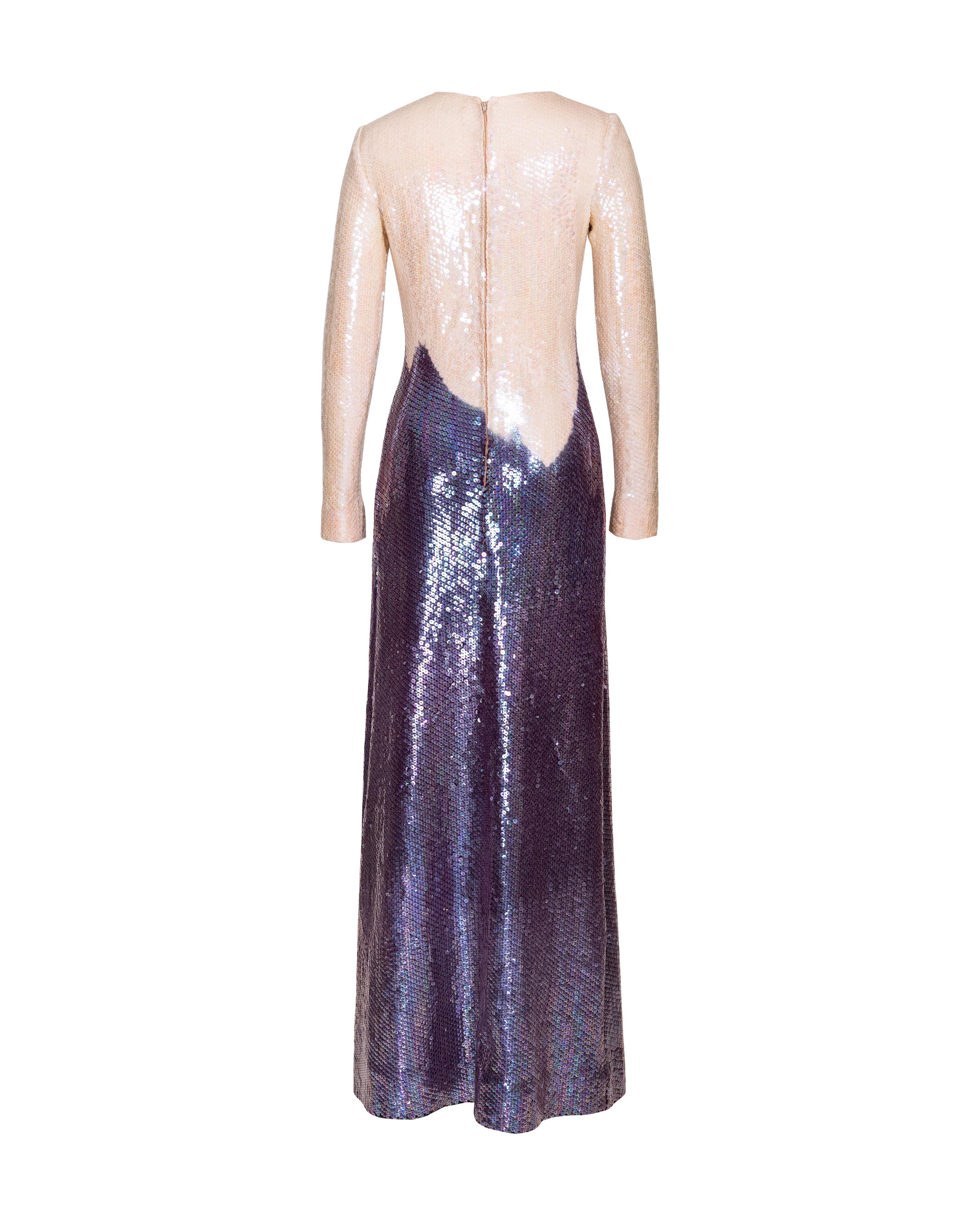 A/W 1973 Halston Oil Slick Geometric Point Long Sleeve Sequin Gradient Gown For Sale 1