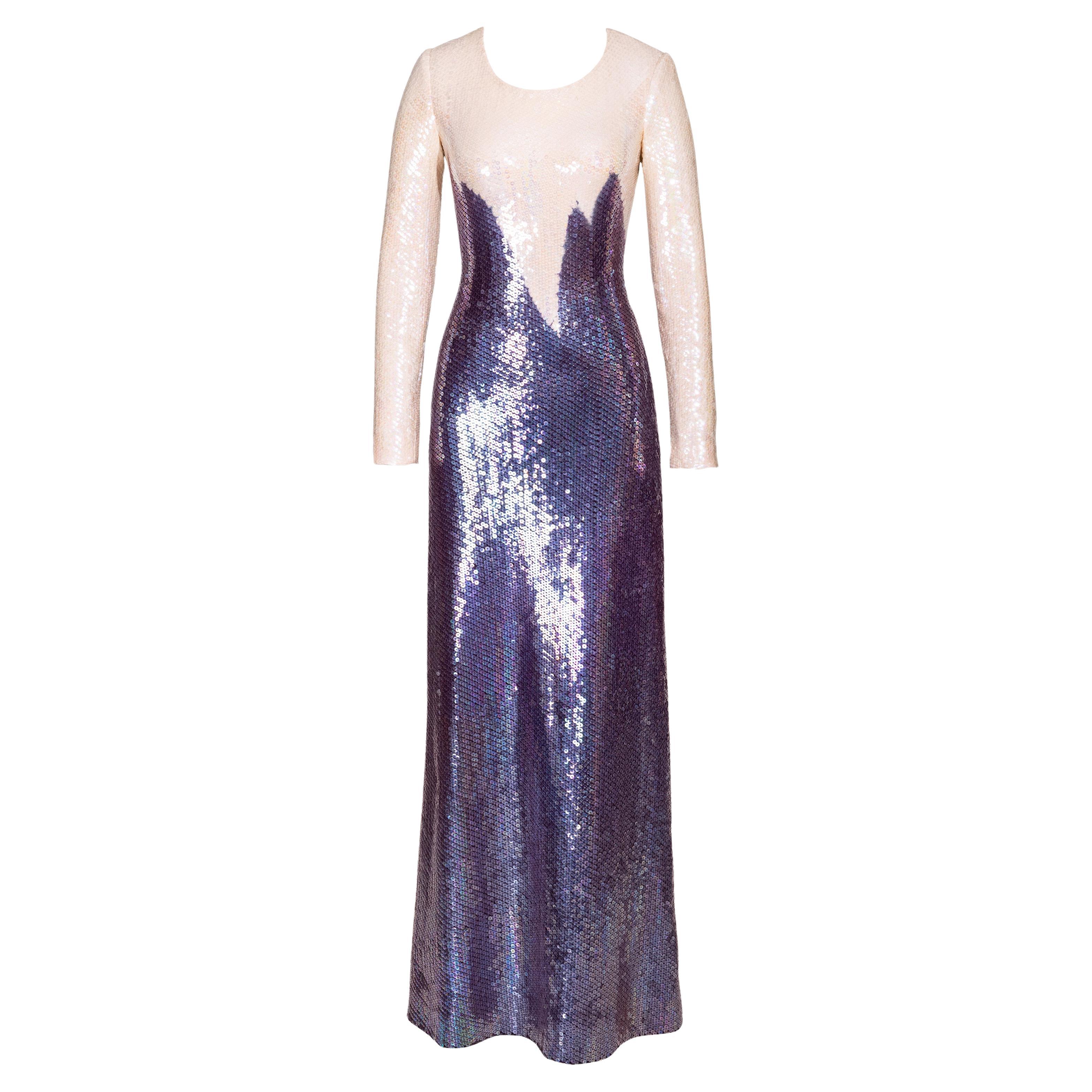 A/W 1973 Halston Oil Slick Geometric Point Long Sleeve Sequin Gradient Gown For Sale