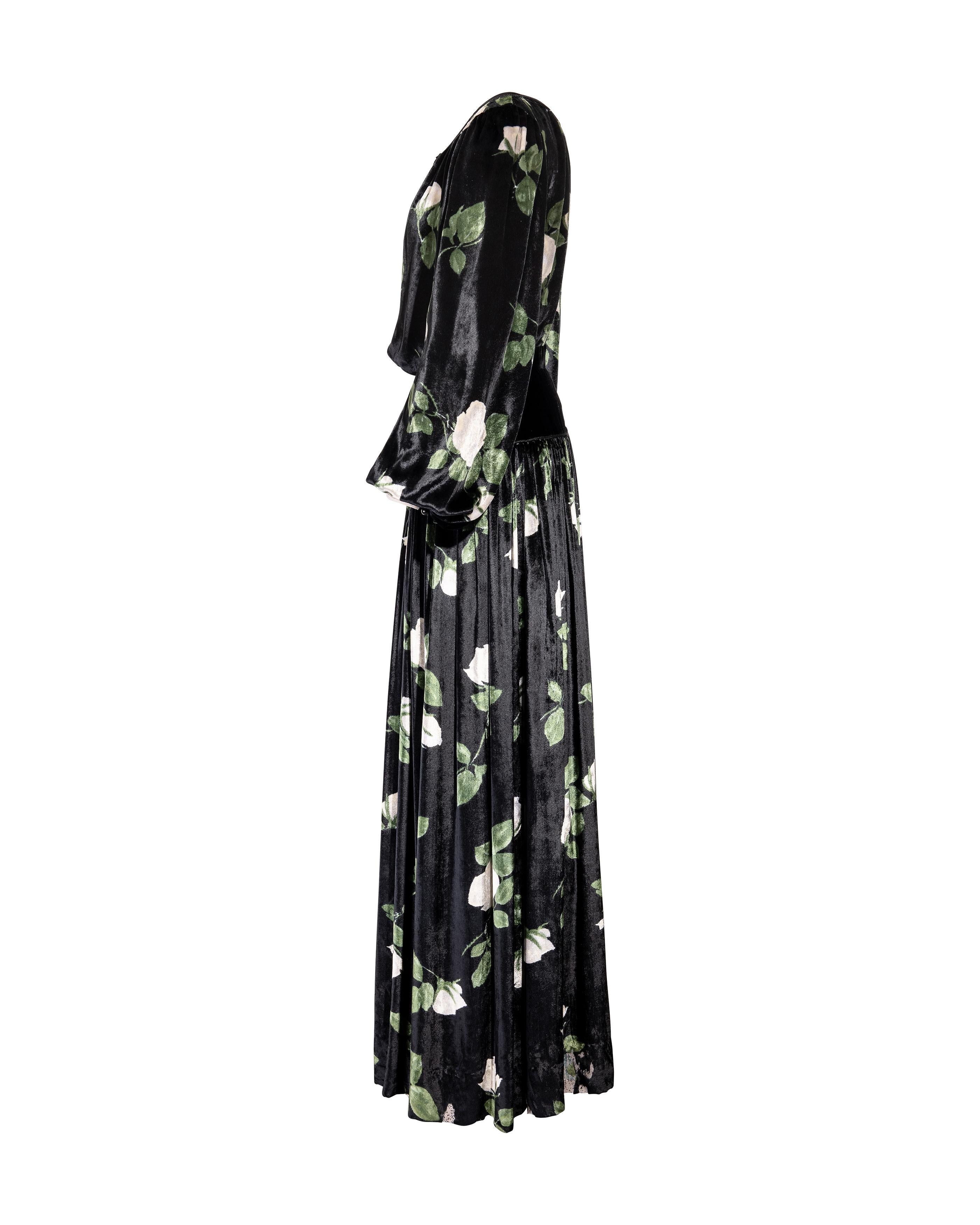 Black A/W 1976 Yves Saint Laurent Haute Couture Floral Pattern Velvet Skirt Set