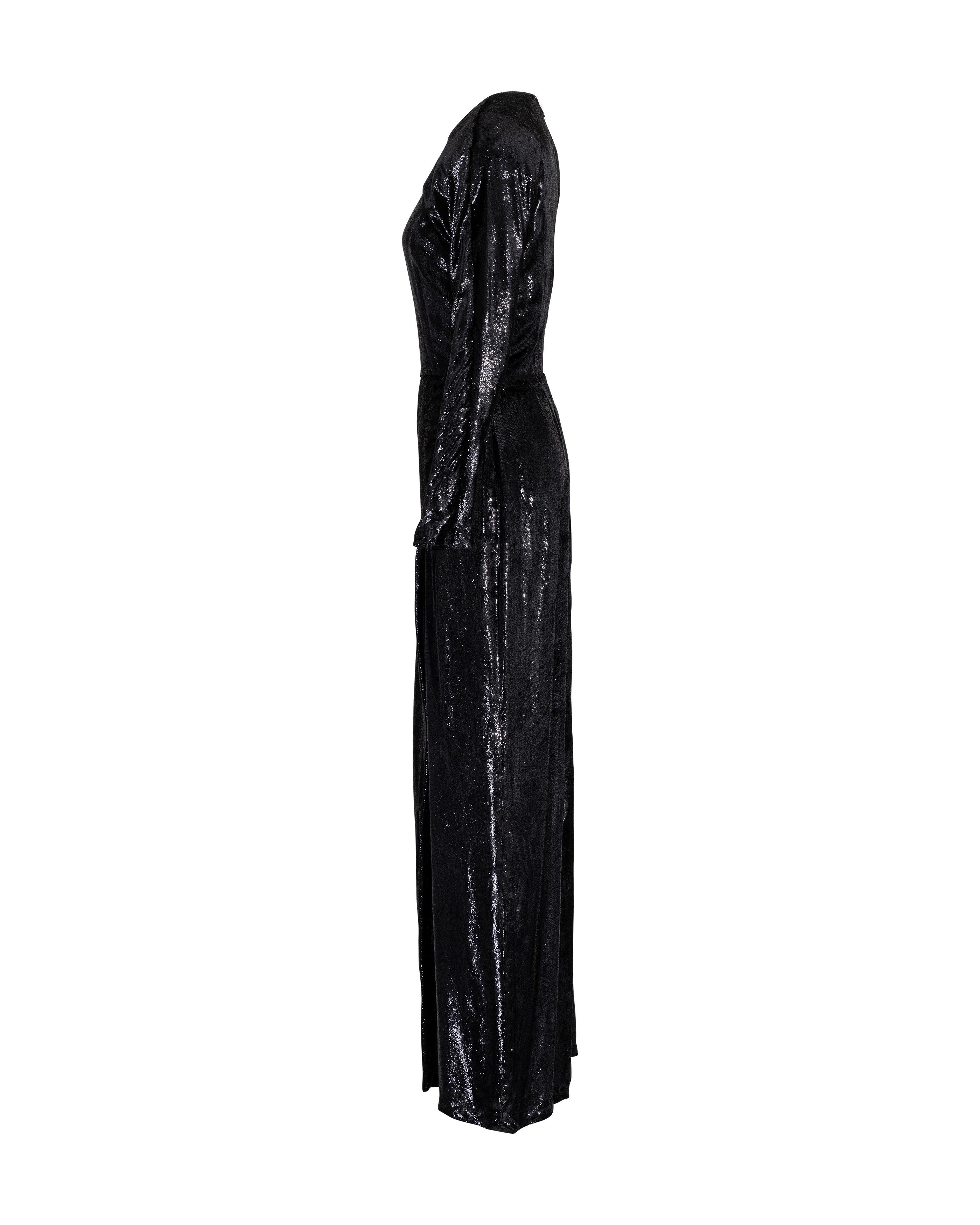 Women's A/W 1989 Geoffrey Beene Black Lamé Long Sleeve Gown For Sale