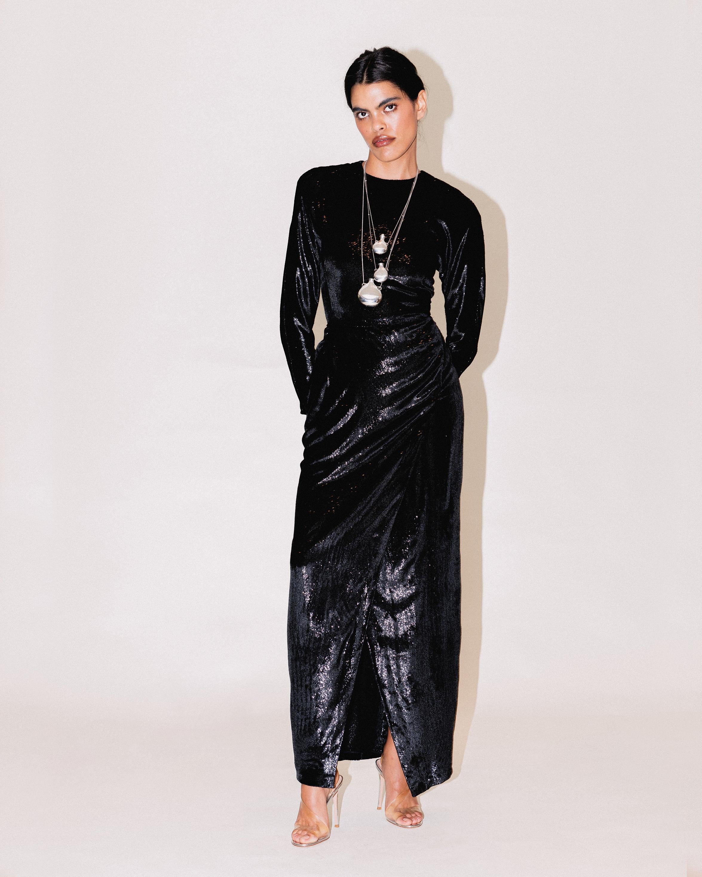 A/W 1989 Geoffrey Beene Black Lamé Long Sleeve Gown For Sale 3