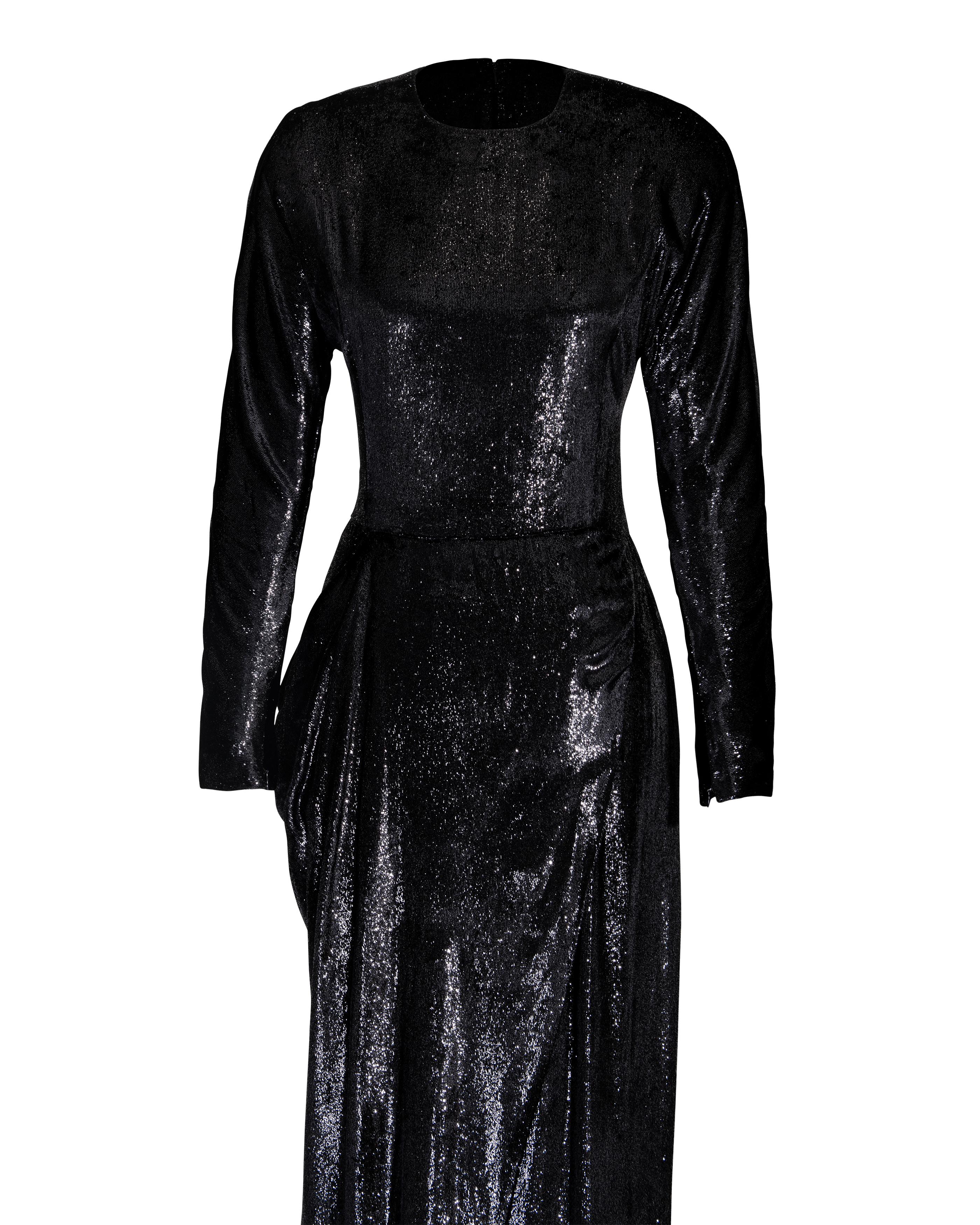 A/W 1989 Geoffrey Beene Black Lamé Long Sleeve Gown For Sale 4