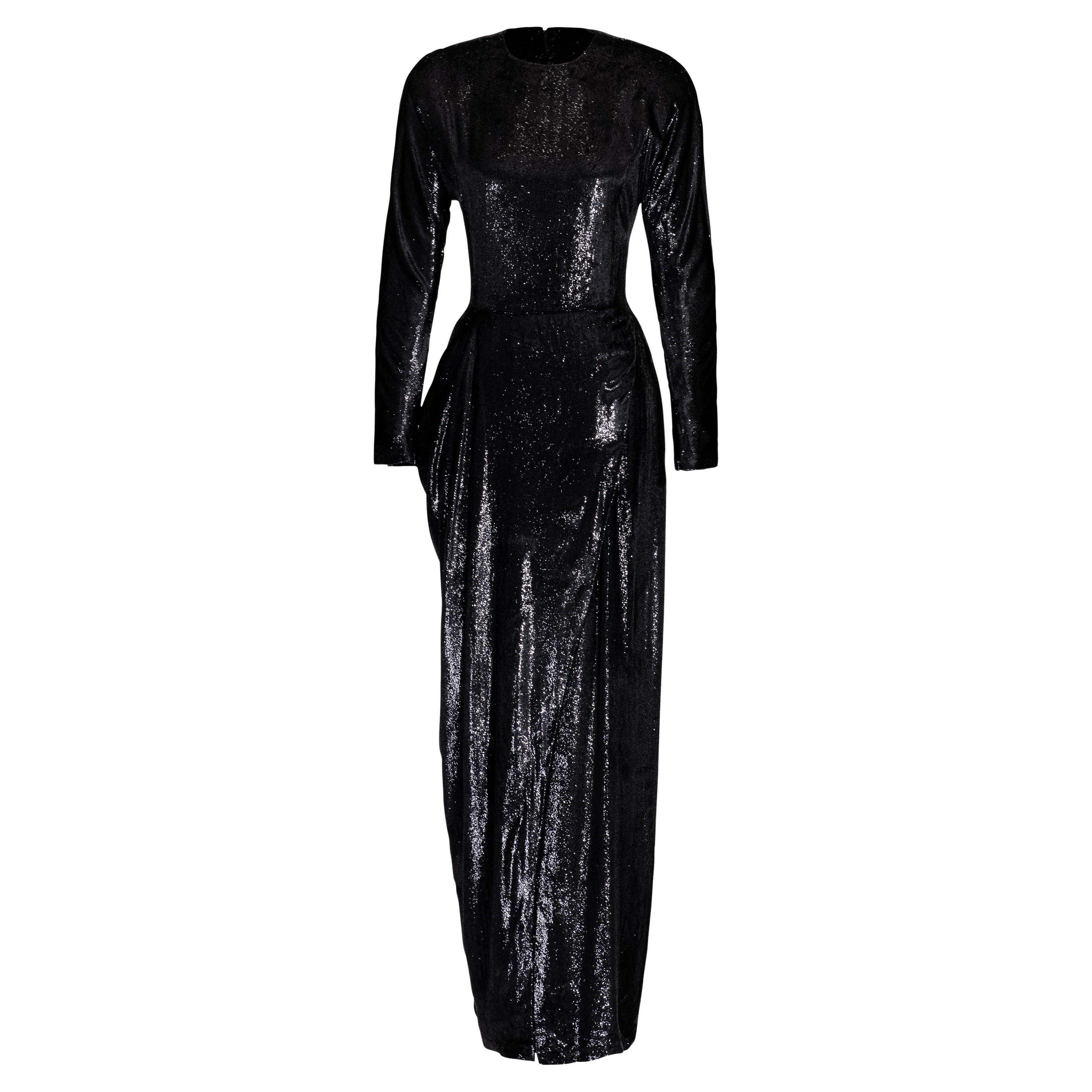 A/W 1989 Geoffrey Beene Black Lamé Long Sleeve Gown For Sale