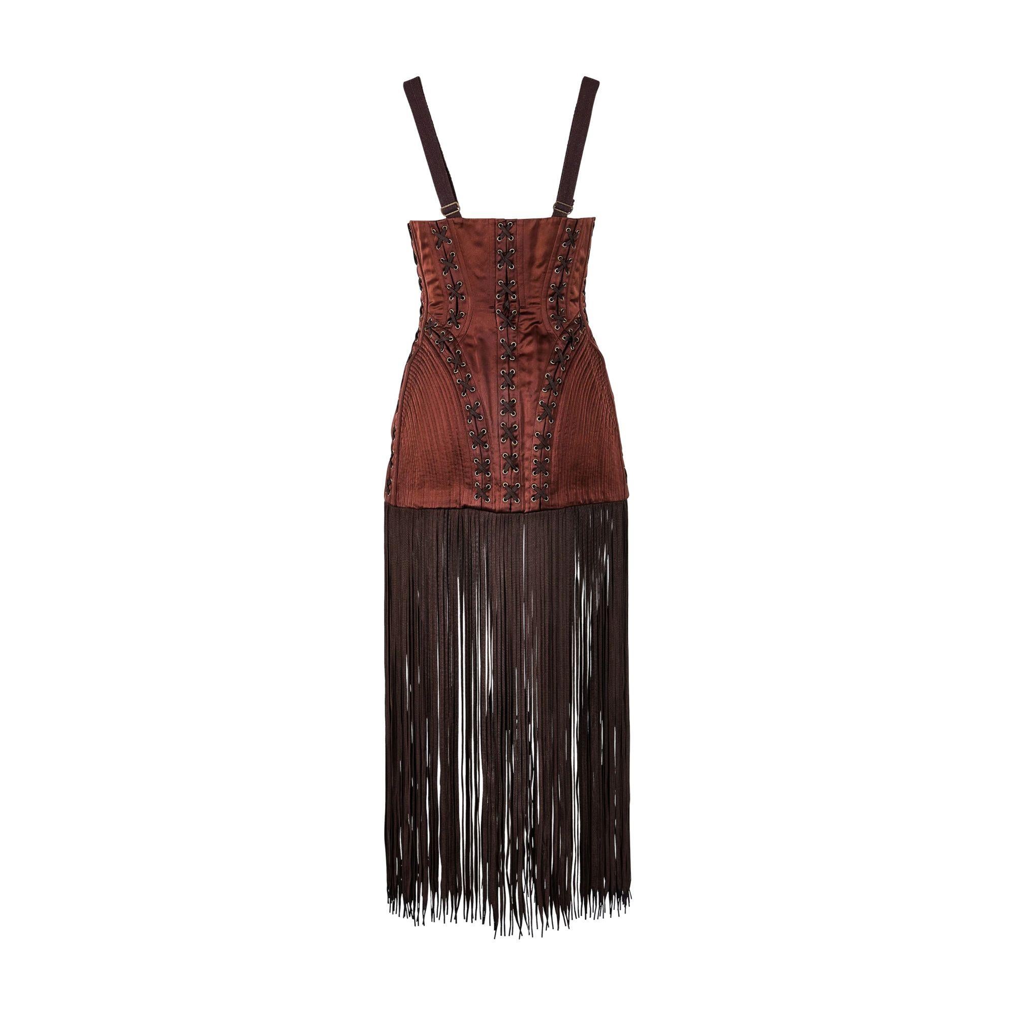 A/W 1990 Jean Paul Gaultier Brown Cone Bra Corset Dress with Shoestring Fringe In Excellent Condition In North Hollywood, CA