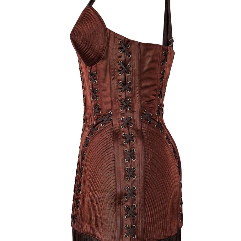 A/W 1990 Jean Paul Gaultier Brown Cone Bra Corset Dress with Shoestring  Fringe at 1stDibs