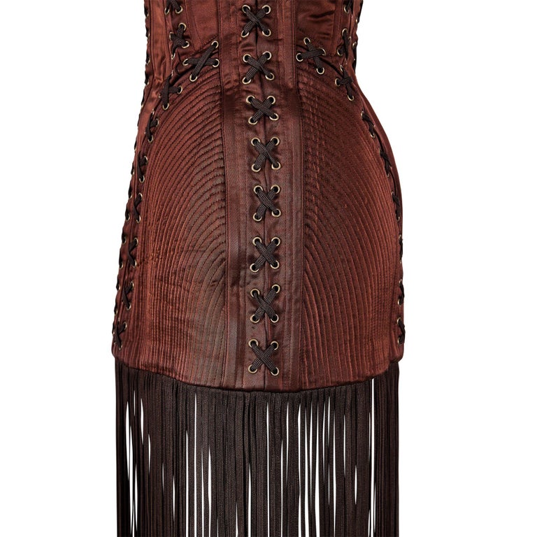 A/W 1990 Jean Paul Gaultier Brown Cone Bra Corset Dress with Shoestring Fringe at 1stDibs A/W 1990 Jean Paul Gaultier Brown Cone Bra Corset Dress with Shoestring Fringe at 1stDibs