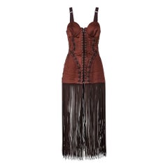 A/W 1990 Jean Paul Gaultier Brown Robe corset à soutien-gorge conique et franges de chaussons, Brown