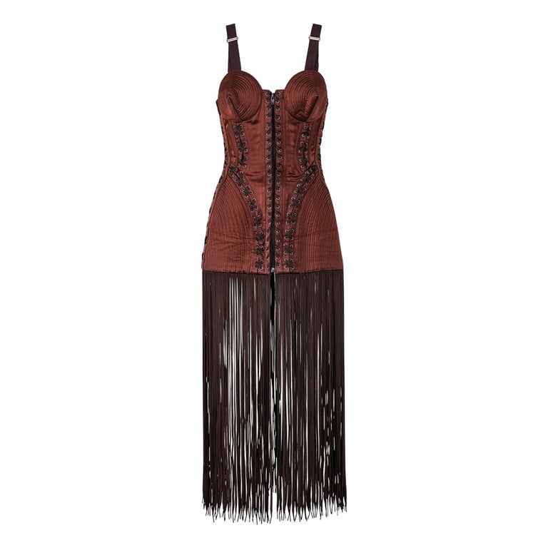 A/W 1990 Jean Paul Gaultier Brown Cone Bra Corset Dress with Shoestring Fringe at 1stDibs A/W 1990 Jean Paul Gaultier Brown Cone Bra Corset Dress with Shoestring Fringe at 1stDibs