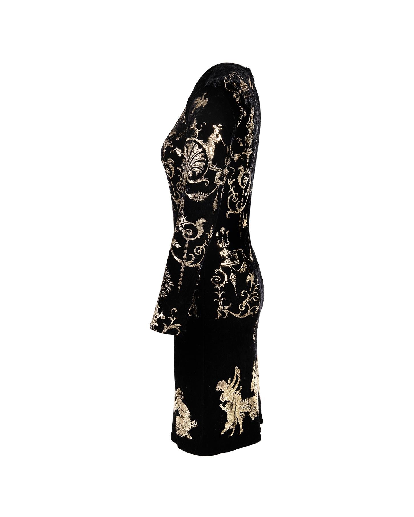 A/W 1990 Vivienne Westwood 'Portrait' Collection 'Boulle' print dress. Black velvet dress with gold rococo 'Boulle' printed details throughout. Long sleeve fitted mini dress with moderate stretch. As seen on Vivienne Westwood herself in British