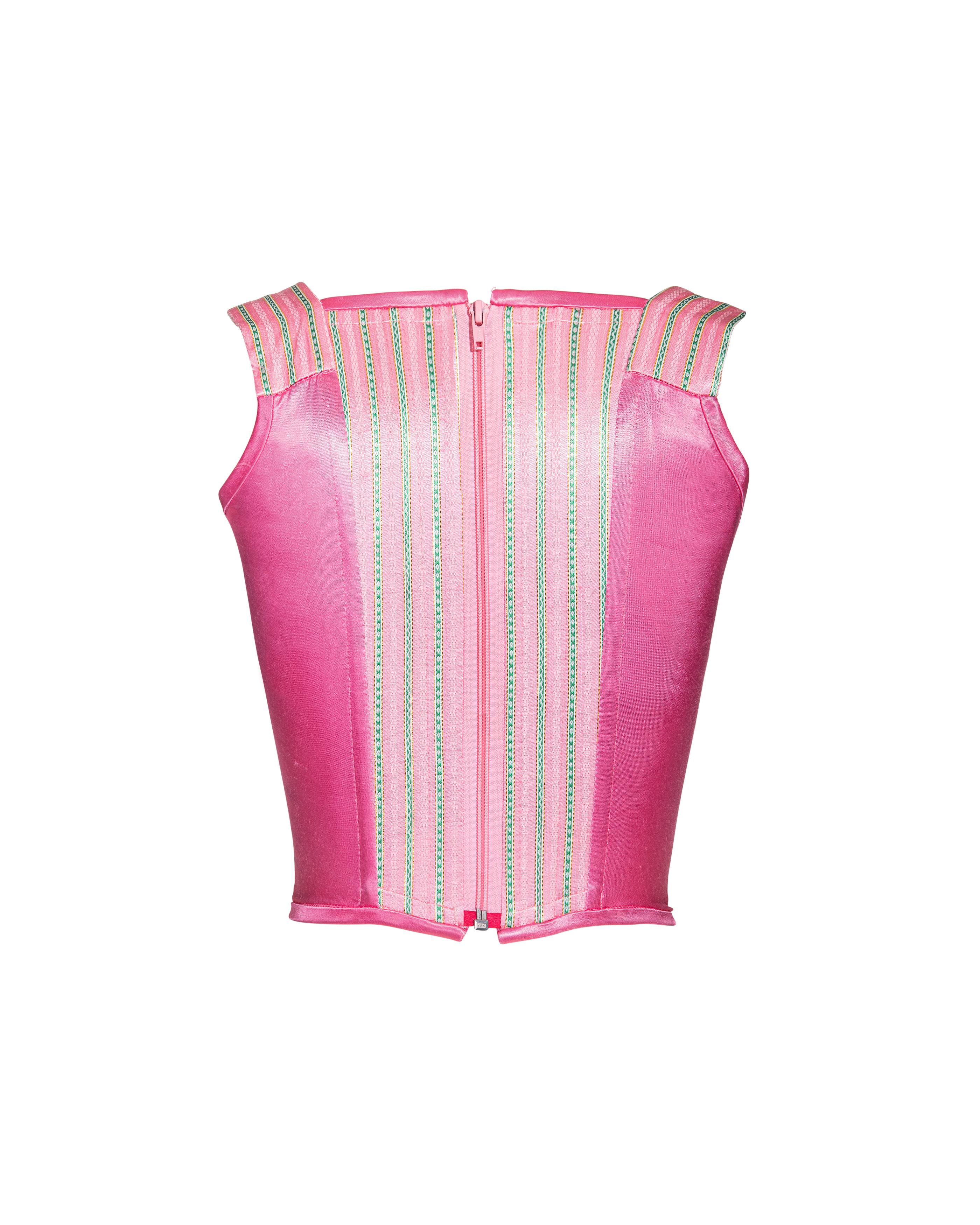 A/W 1991 Vivienne Westwood 'Dressing Up' Pink and Green Striped Corset For Sale 1