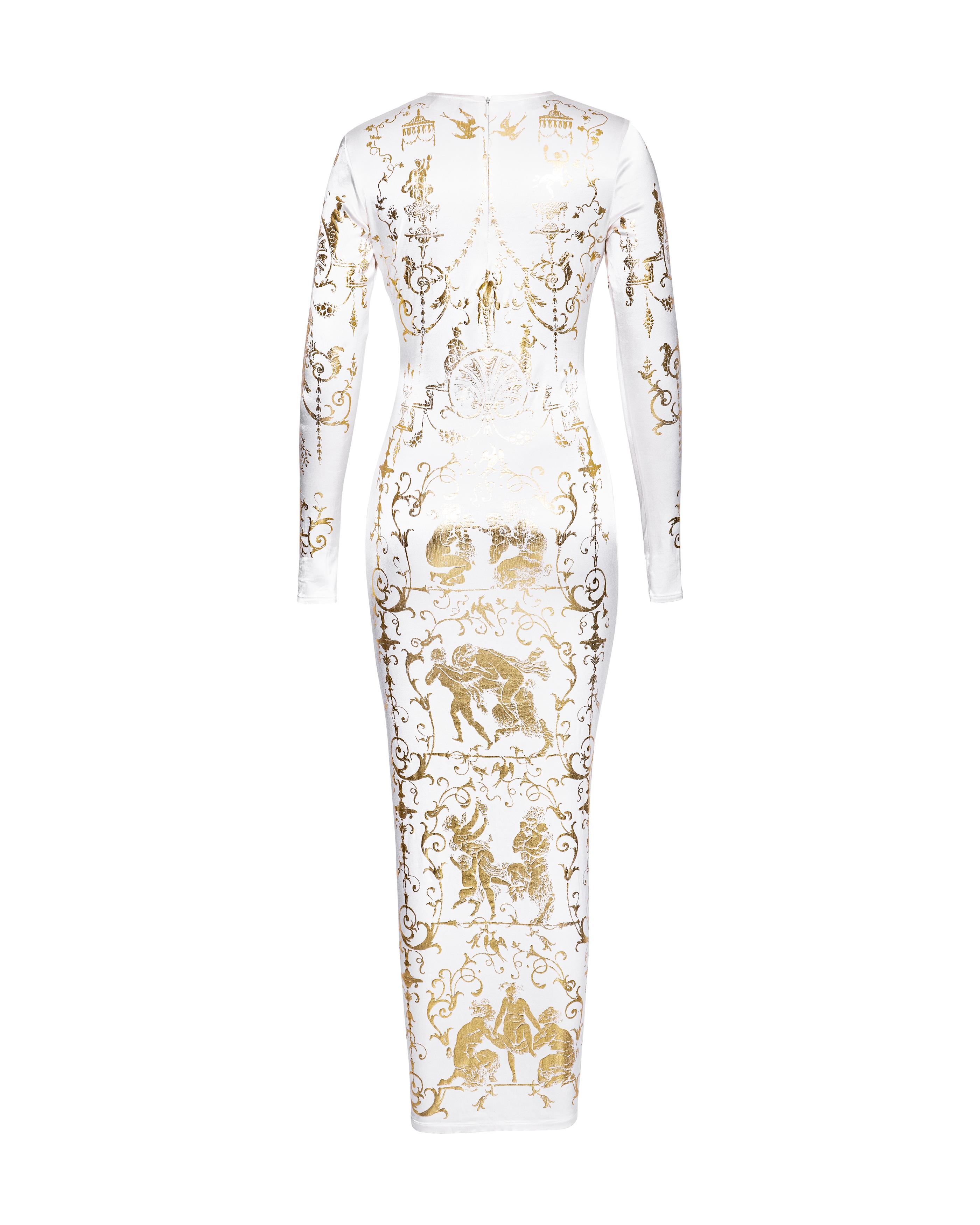 A/W 1991 Vivienne Westwood White and Gold Boulle Print Gown For Sale 1
